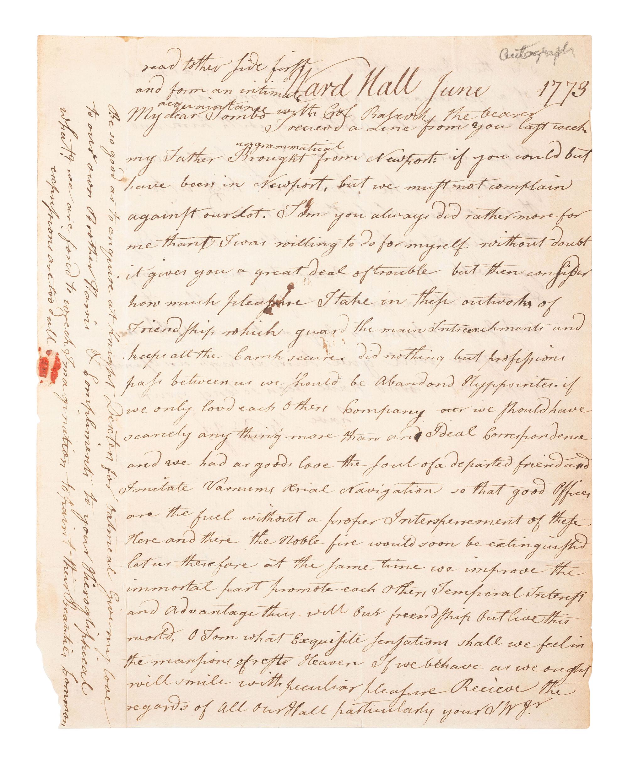 [REVOLUTIONARY WAR]. WARD, Samuel Jr. (1756-1832). ALS ("SW Jr."). "Ward Hall" [RI], June 1773.