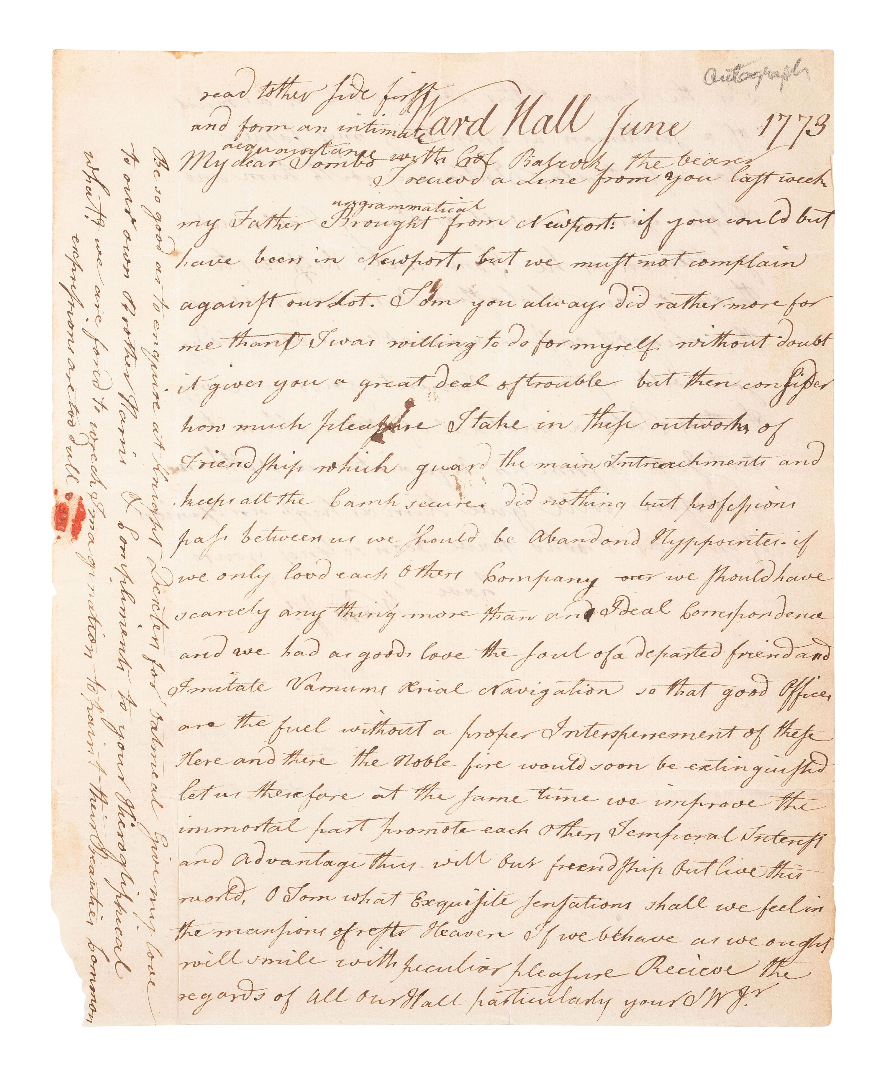[REVOLUTIONARY WAR]. WARD, Samuel Jr. (1756-1832). ALS ("SW Jr."). "Ward Hall" [RI], June 1773.