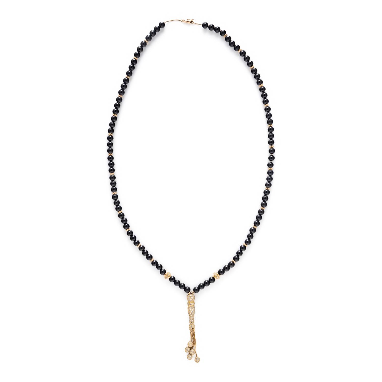 ONYX, DIAMOND, AND YELLOW GOLD BEAD NECKLACE