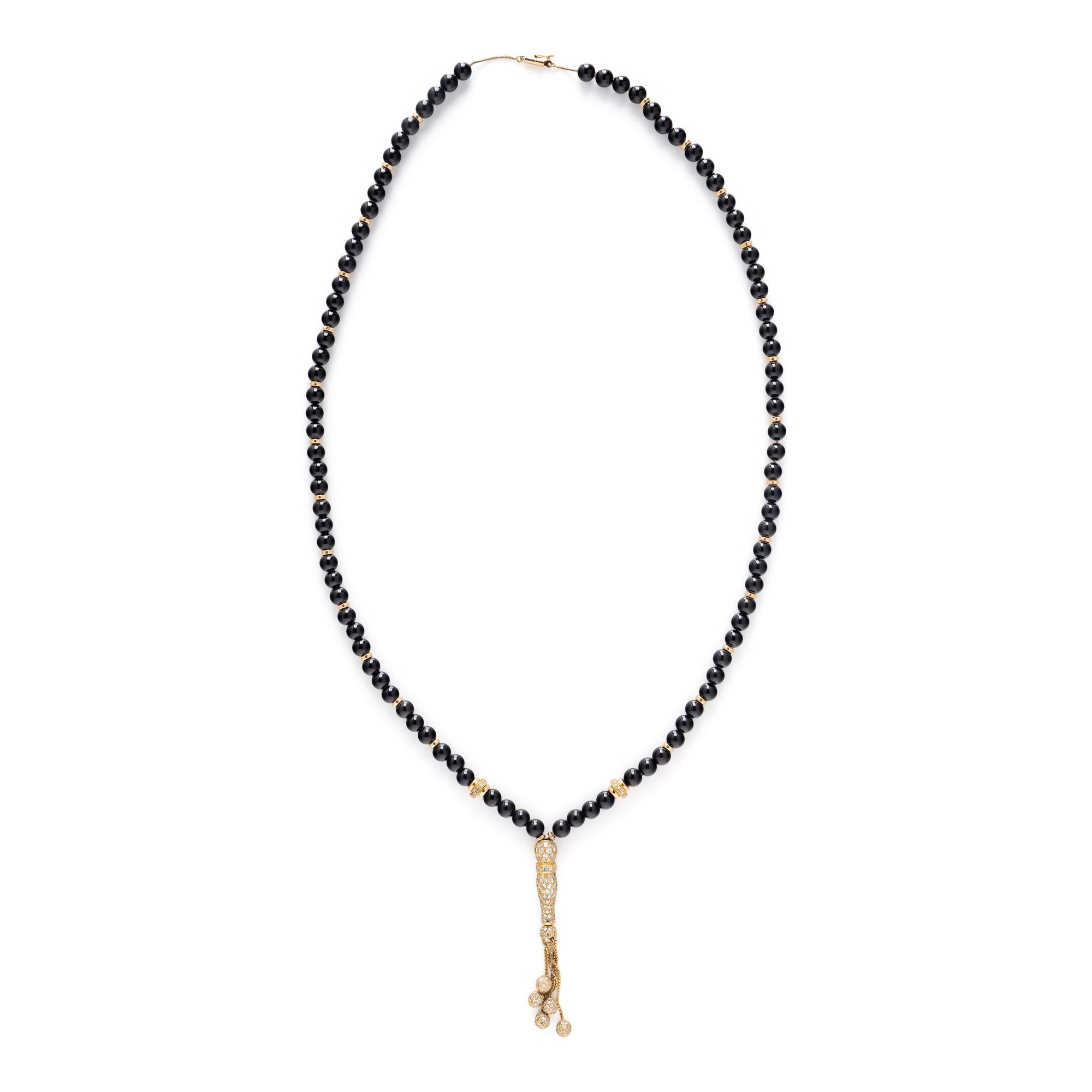ONYX, DIAMOND, AND YELLOW GOLD BEAD NECKLACE
