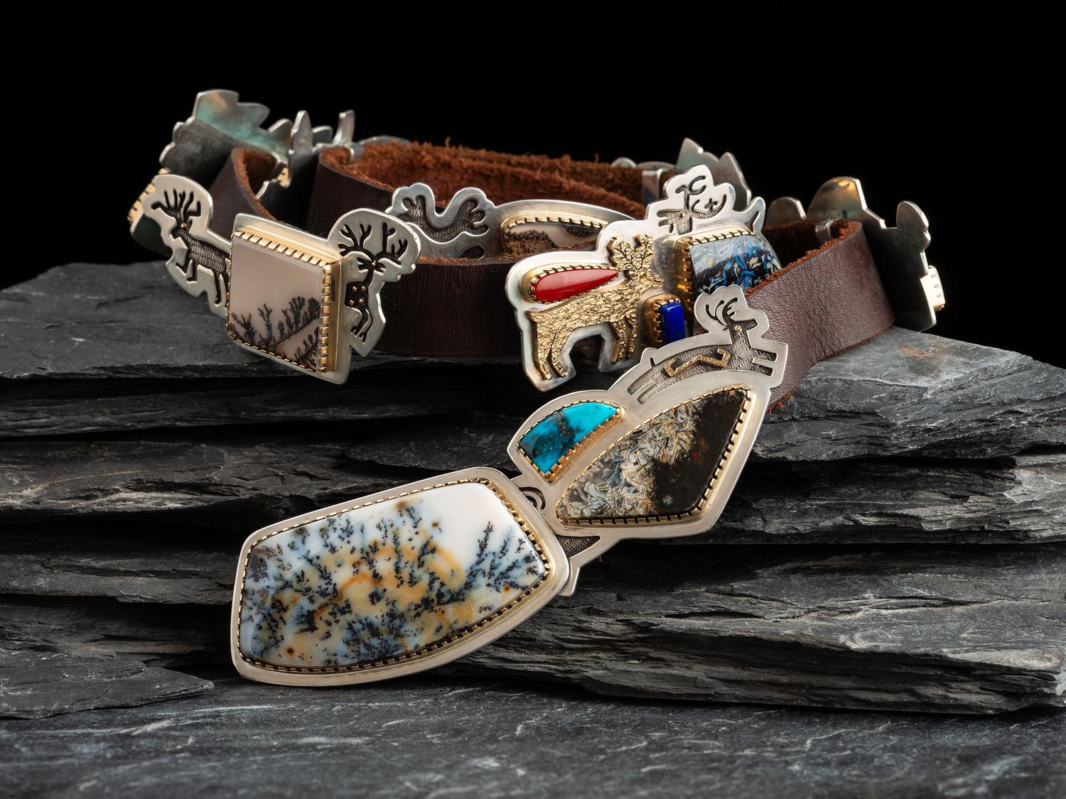 Silver and 24K Gold Figural Concha Belt, with Multi-stone Inlay