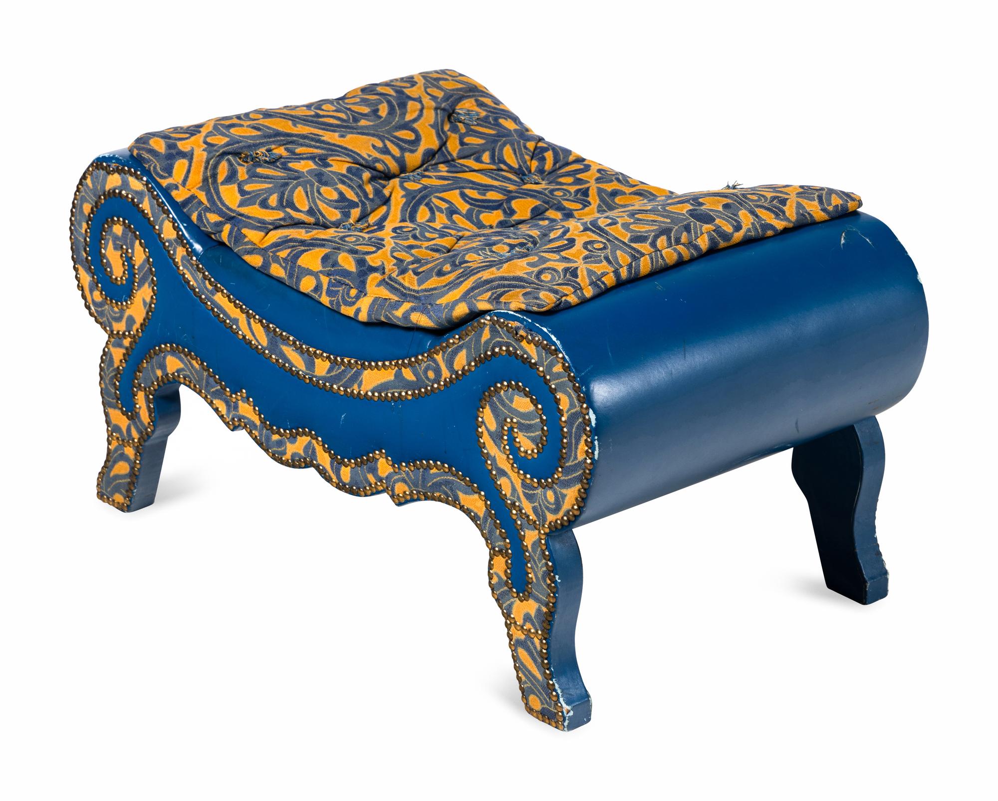 A Blue Leather Scrolled Stool