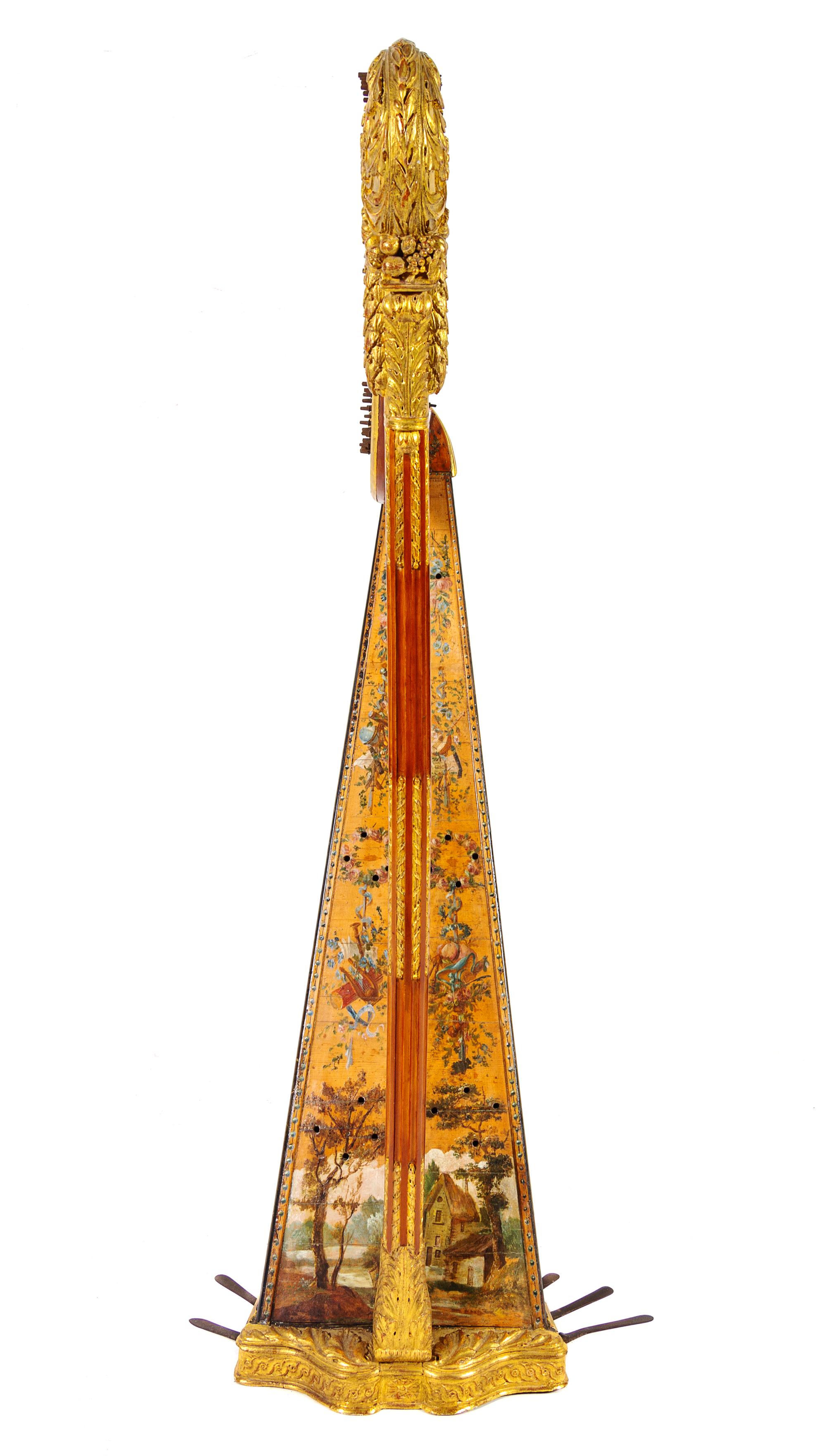A Louis XVI Parcel Gilt and Painted Satinwood Harp