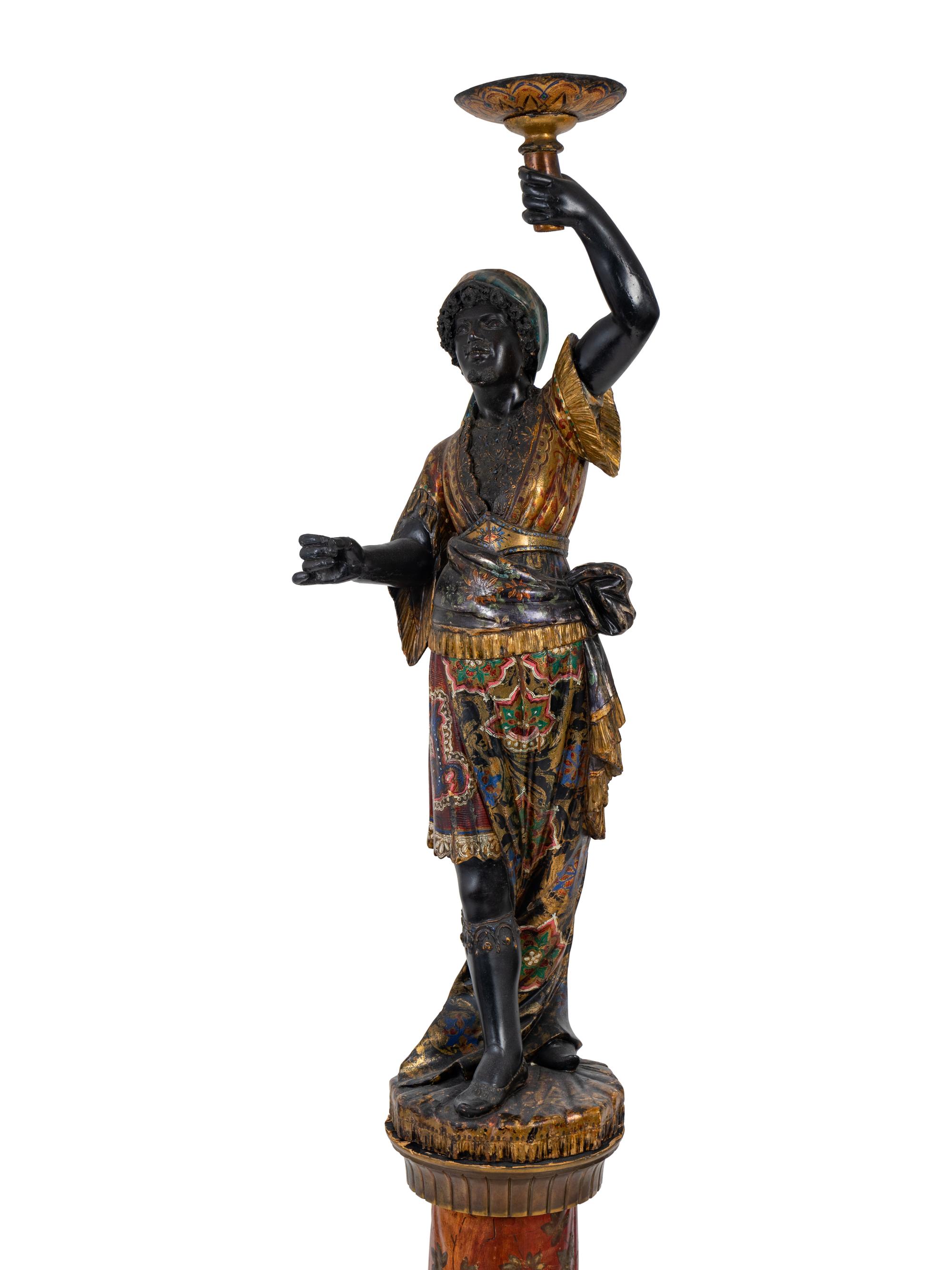 An Italian Carved and Painted Torchere of a Moor on a Pedestal Base — 19TH CENTURY