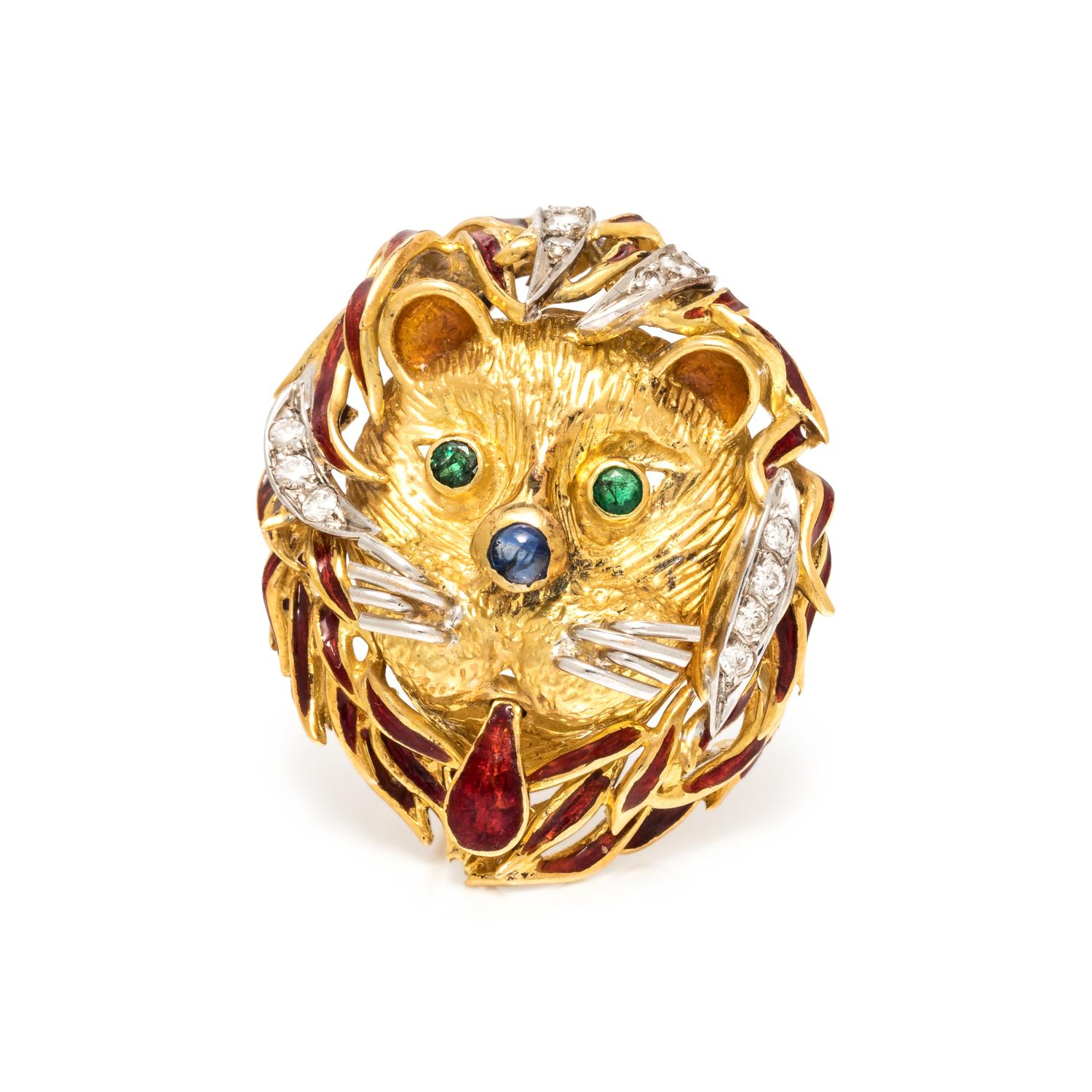 BICOLOR GOLD AND MULTIGEM LION BROOCH