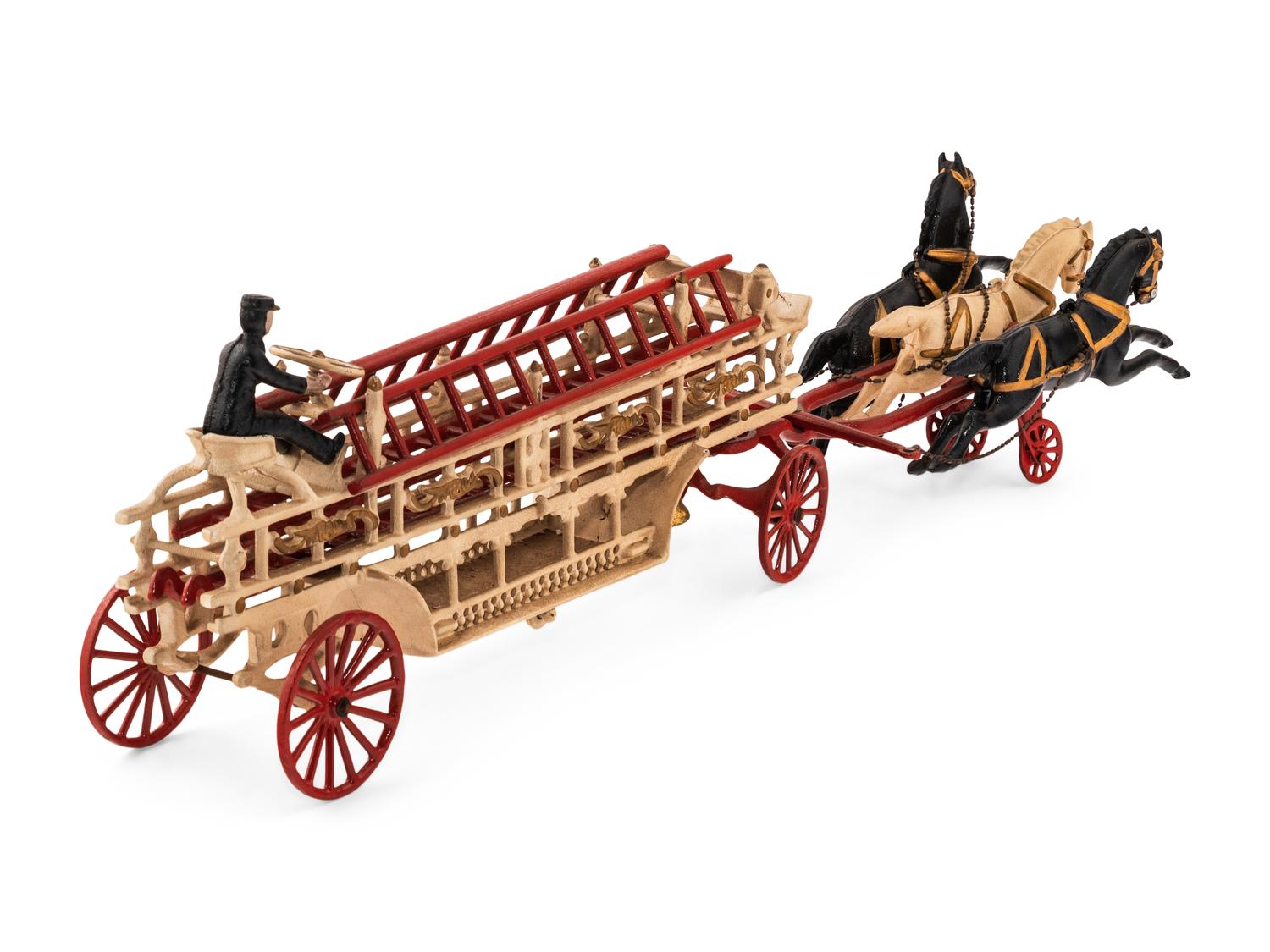 A Cast Iron Three Horse Fire Ladder Wagon