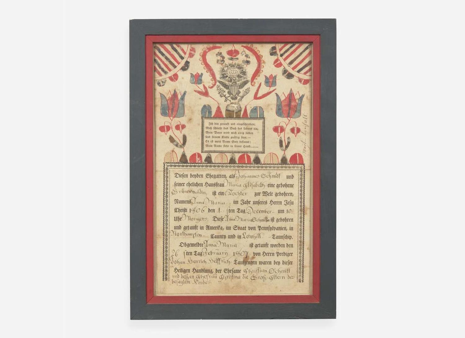 Martin Brechall (c. 1757-1831), Fraktur: Birth Record for the Schmidt Family, dated "1807"
