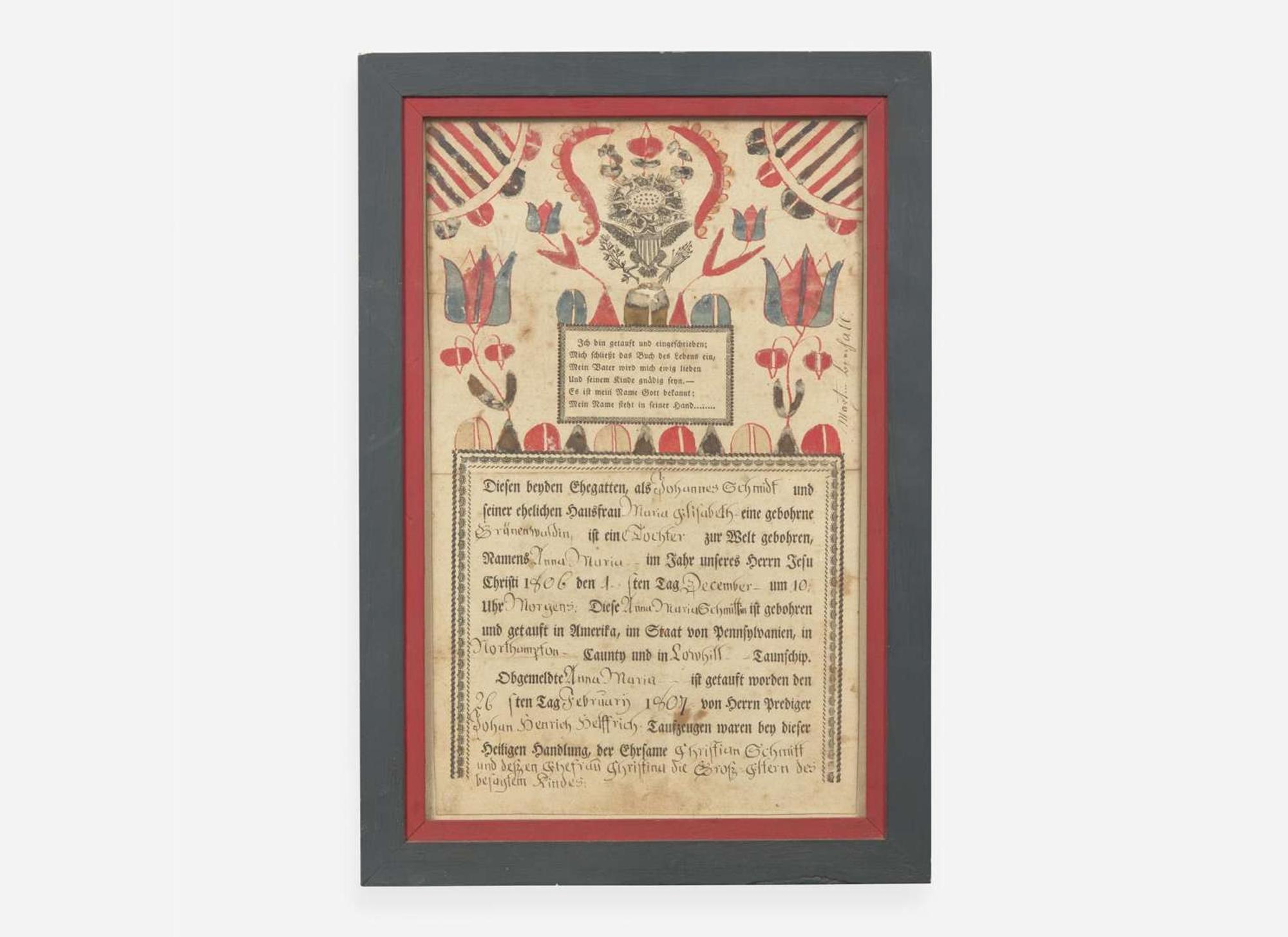 Martin Brechall (c. 1757-1831), Fraktur: Birth Record for the Schmidt Family, dated "1807"