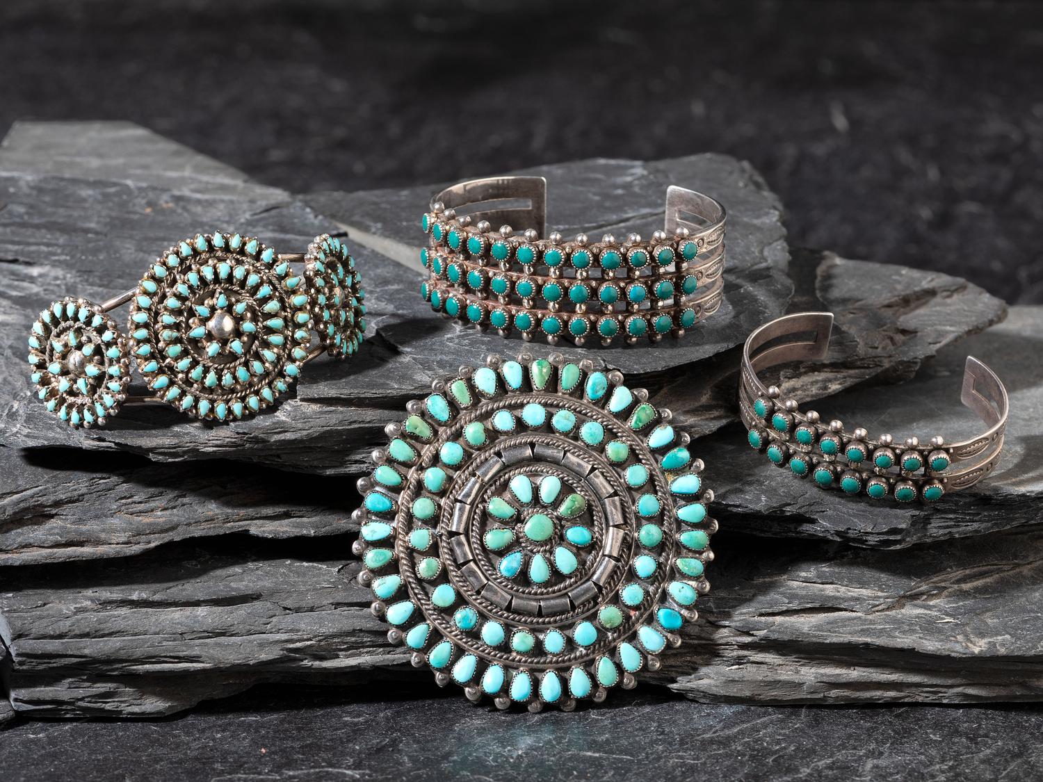 Navajo or Zuni Silver and Turquoise Cluster Jewelry
