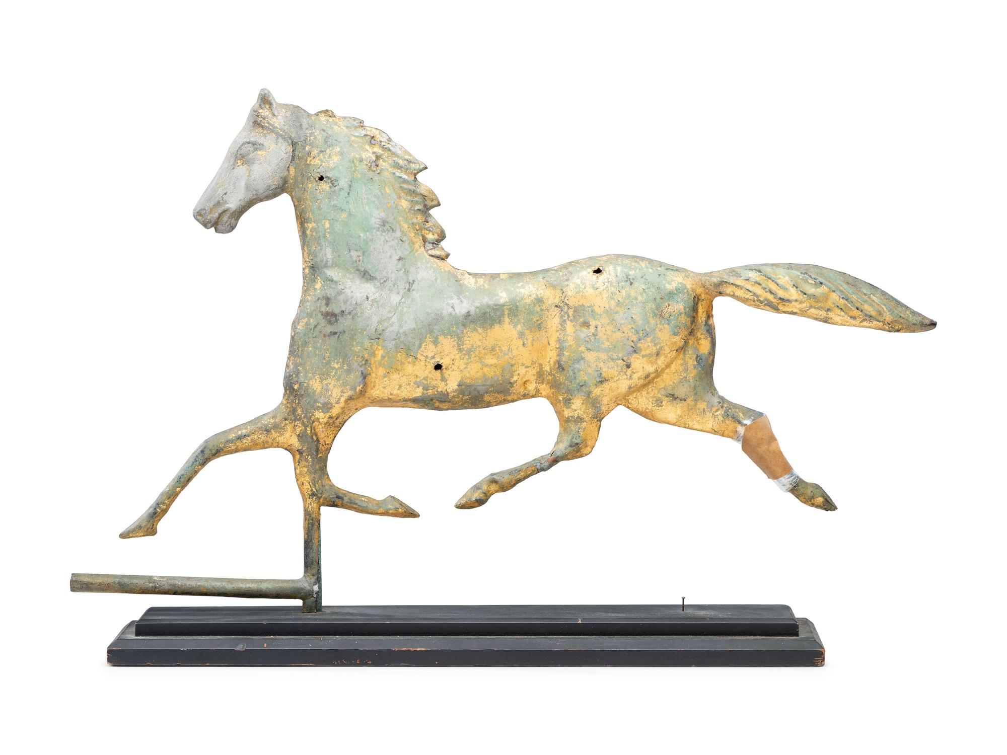 A Cast Zinc and Parcel Gilt Molded Copper Trotting Horse Weathervane