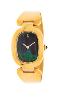 An 18 Karat Yellow Gold and Peacock Feather 'Love Bond' Bangle Watch, Corum, 49.90 dwts.