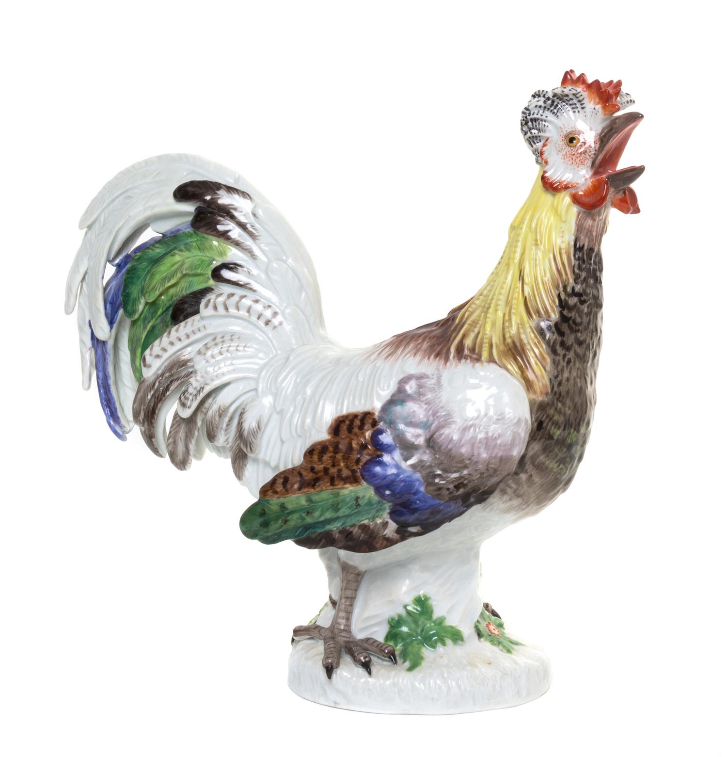 A Meissen Porcelain Rooster, Height 10 inches.