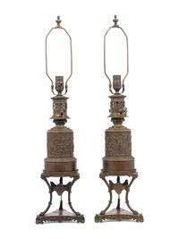 A Pair of French Bronze Fluid Lamps Converted to Electricity