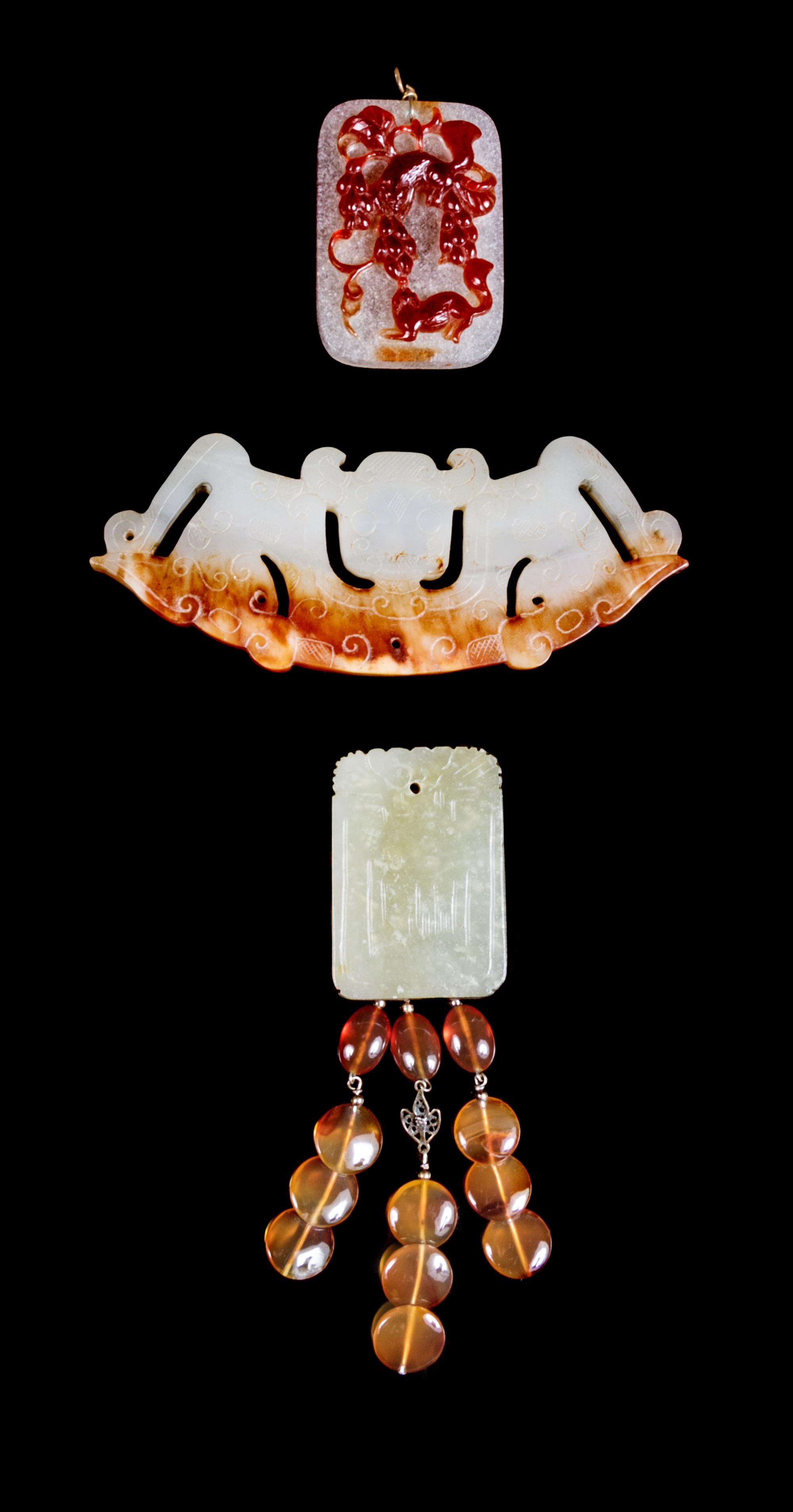Three Chinese Hardstone Pendants Length of largest 4 1/2 inches. — LATE 19TH-20TH CENTURY