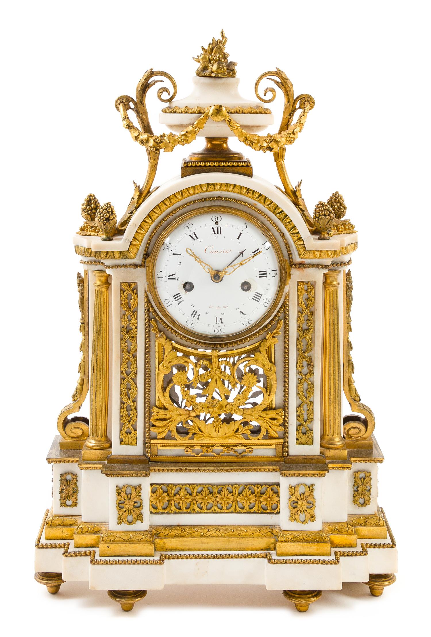 A Louis XVI Gilt Bronze Mounted Marble Mantel Clock Height 22 1/2 inches. — COUSIN, 18TH/19TH CENTURY