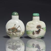Two Chinese Enameled Porcelain Snuff Bottles, Daoguang Marks and of the Period 清道光 粉彩花鳥草蟲鼻烟壺兩支