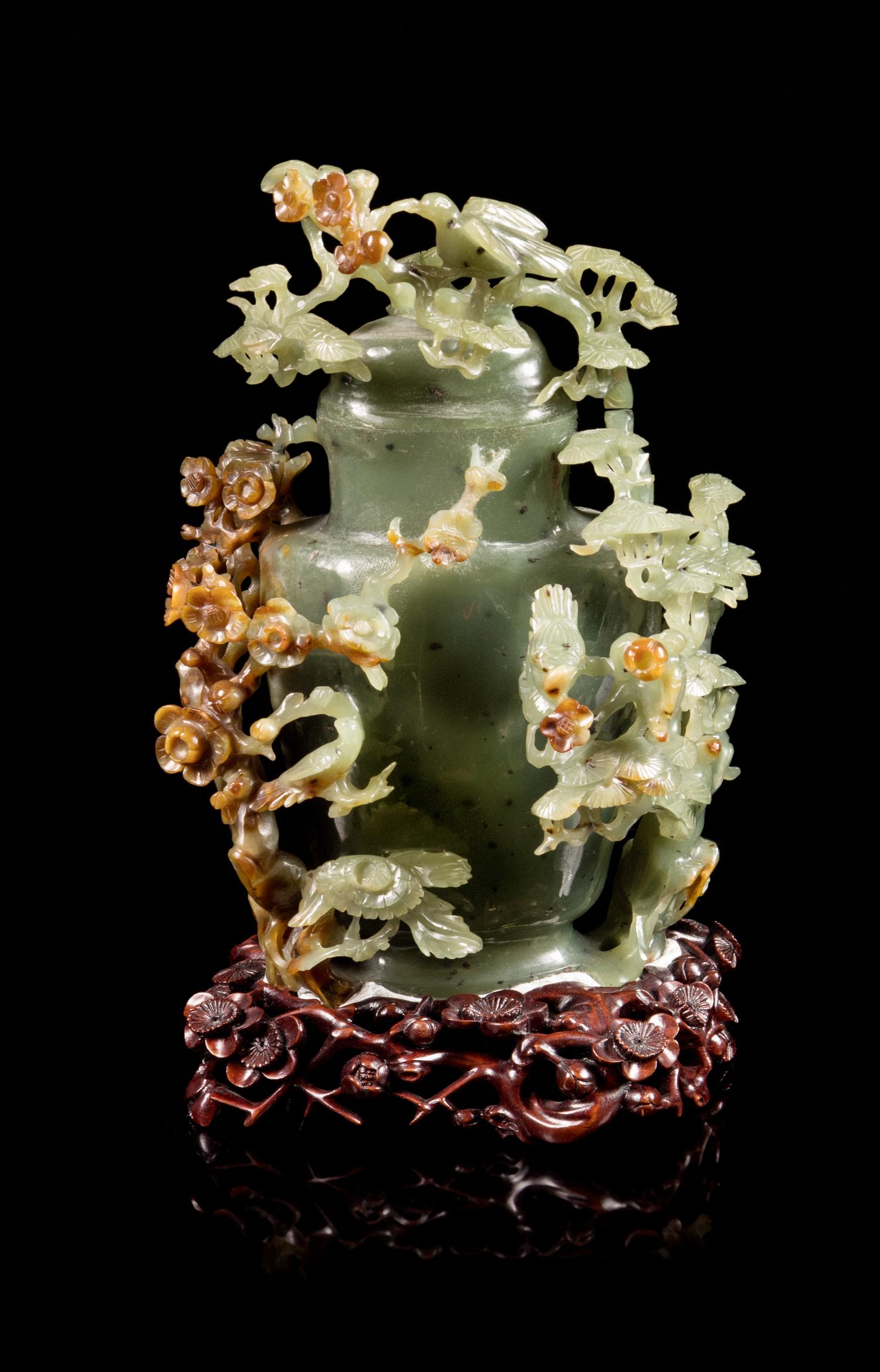 A Spinach and Russet Jade Covered Vase Height 6 1/2 inches. — 20TH CENTURY