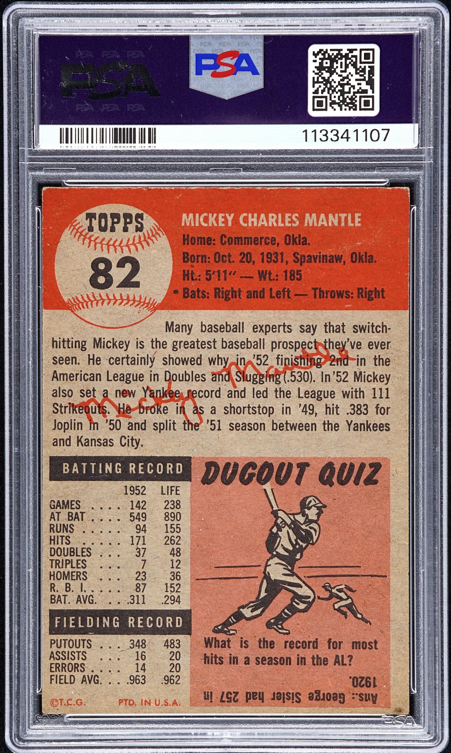 A 1953 Topps Mickey Mantle Baseball Card No. 82 (PSA 4 VG-EX)