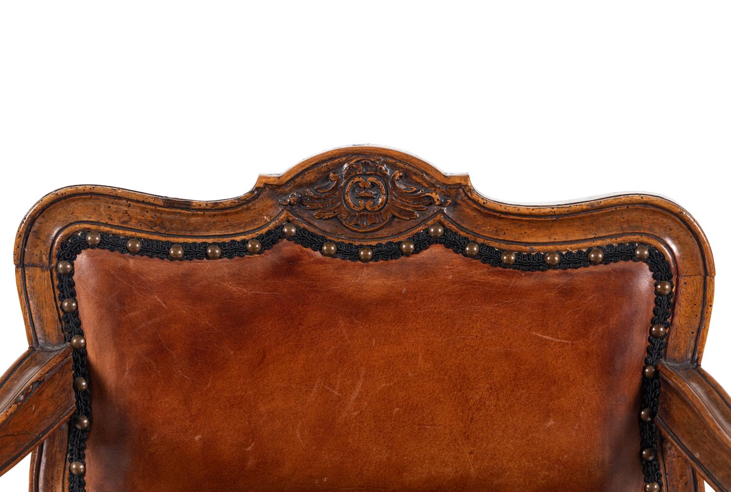 A Louis XV Leather-Upholstered Walnut Bureau Chair