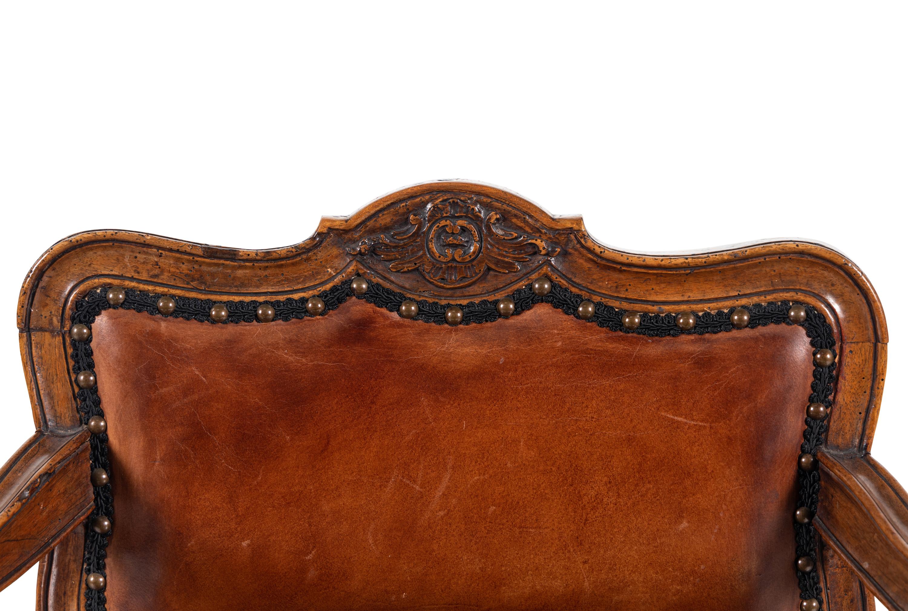 A Louis XV Leather-Upholstered Walnut Bureau Chair