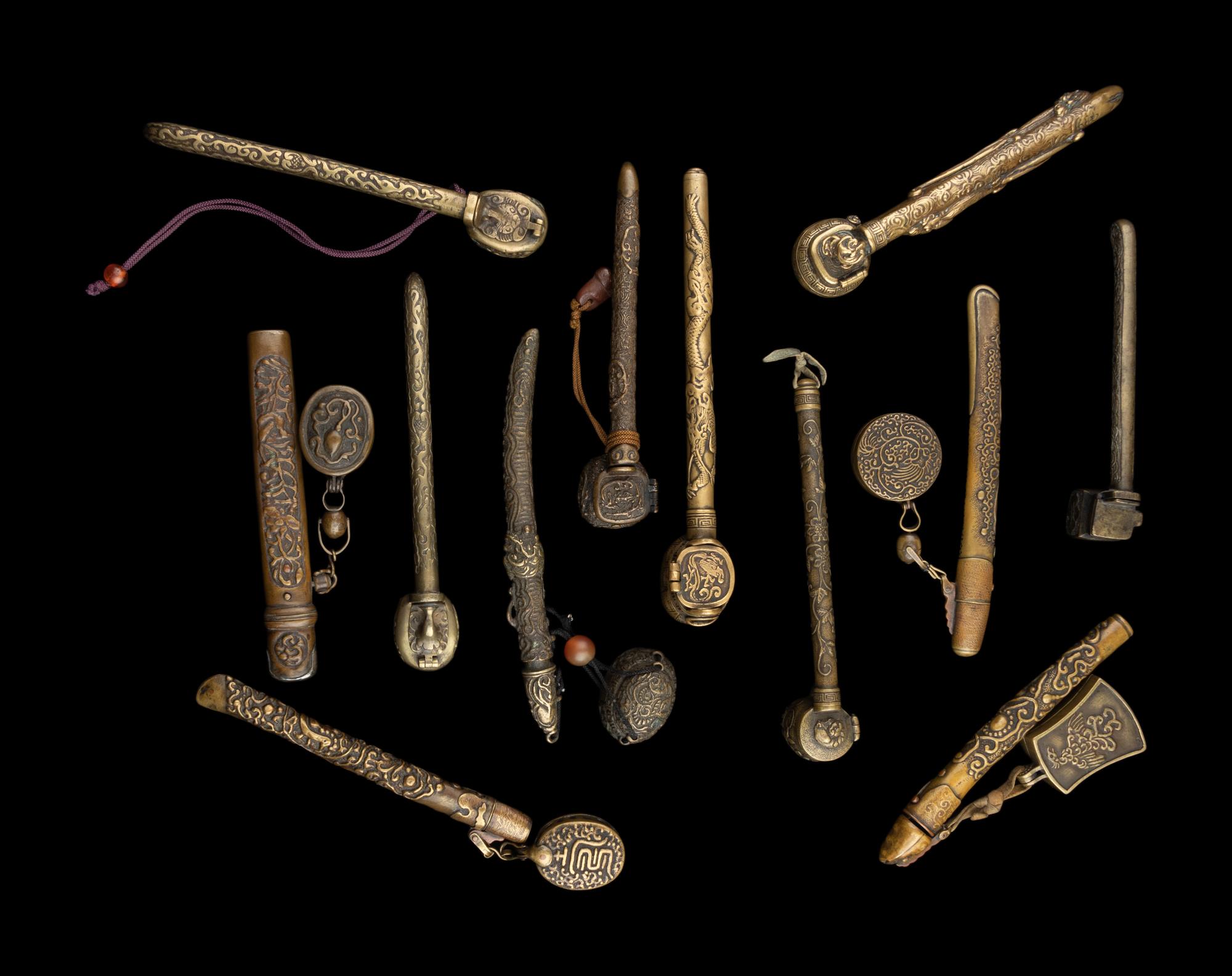12 Japanese Brass Portable Writing Sets, Yatate