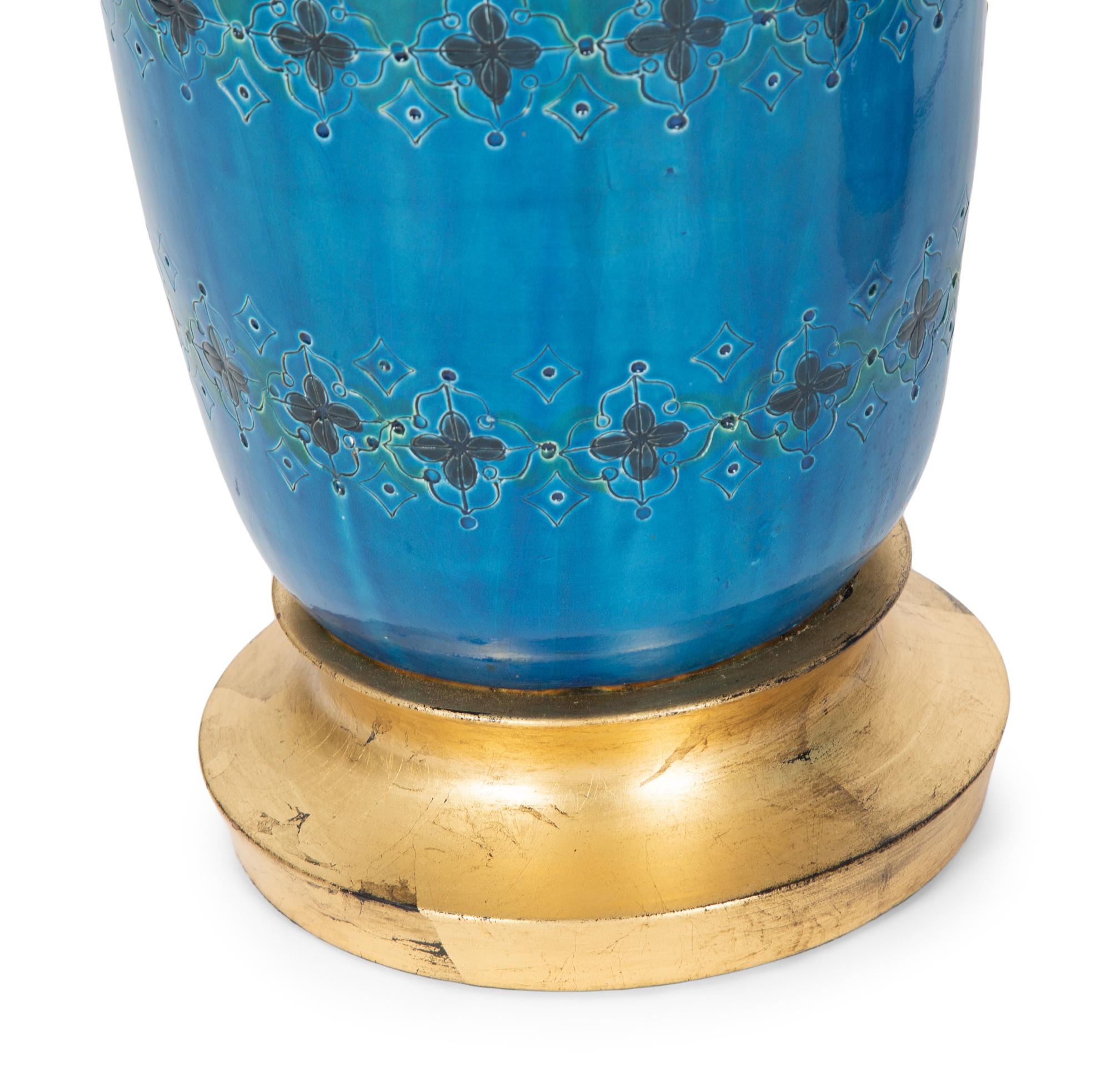 Two Blue Glazed Pottery Vases Mounted as Lamps — 20TH CENTURY