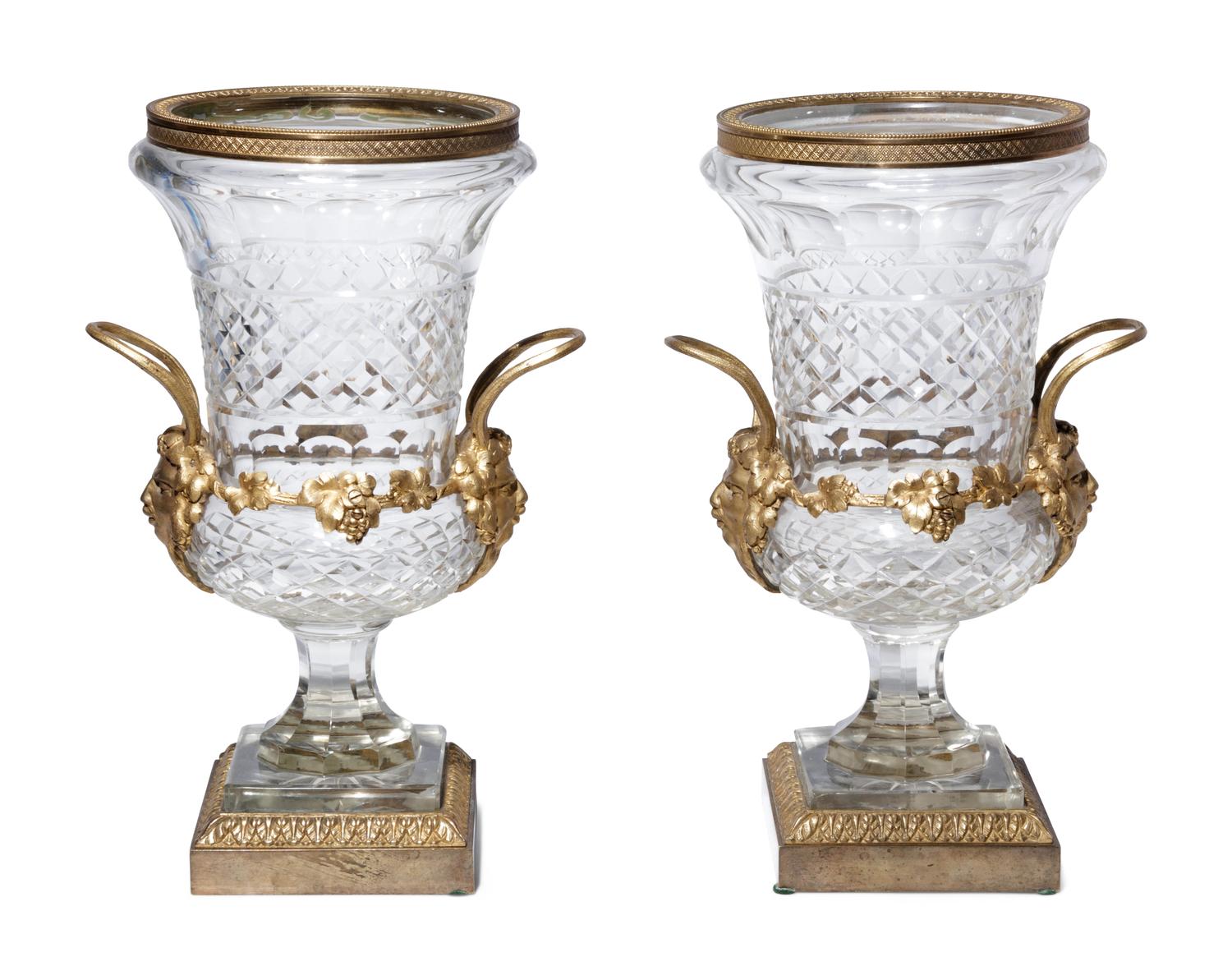 A Pair of George IV Gilt Bronze Mounted Cut Glass Urns