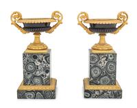 A Pair of Restauration Gilt and Patinated Bronze and Granite Urns