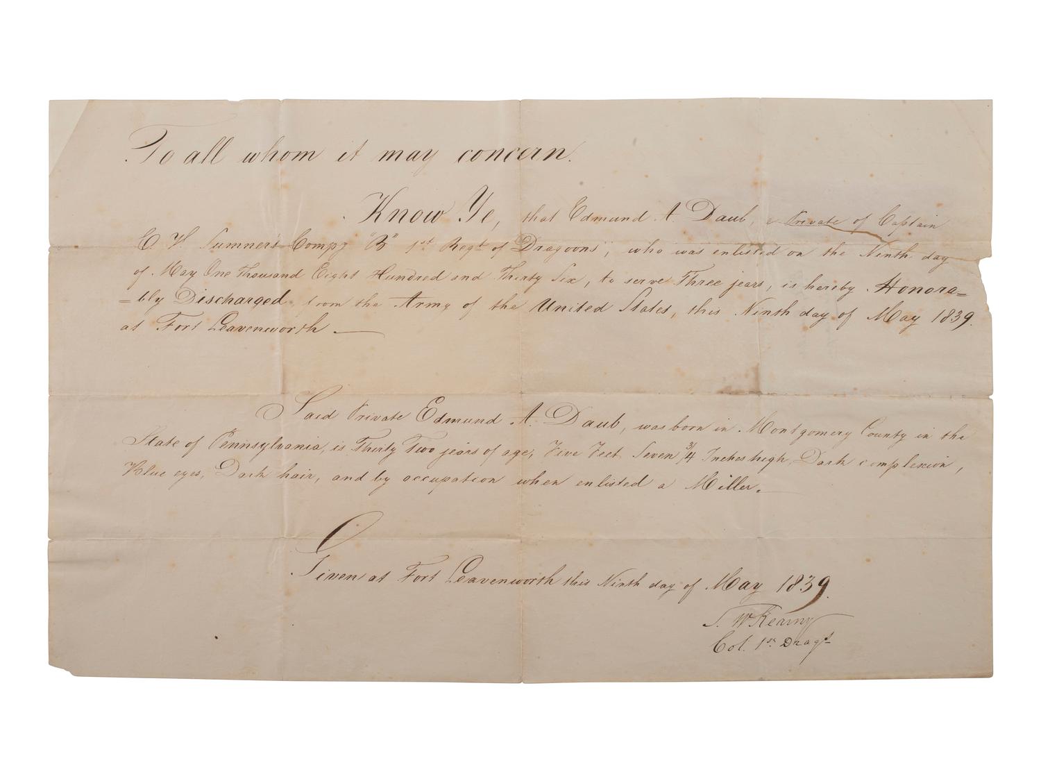 KEARNY, Stephen W. (1794-1848). Document signed ("S. W. Kearny"). Fort Leavenworth, 9 May 1839.