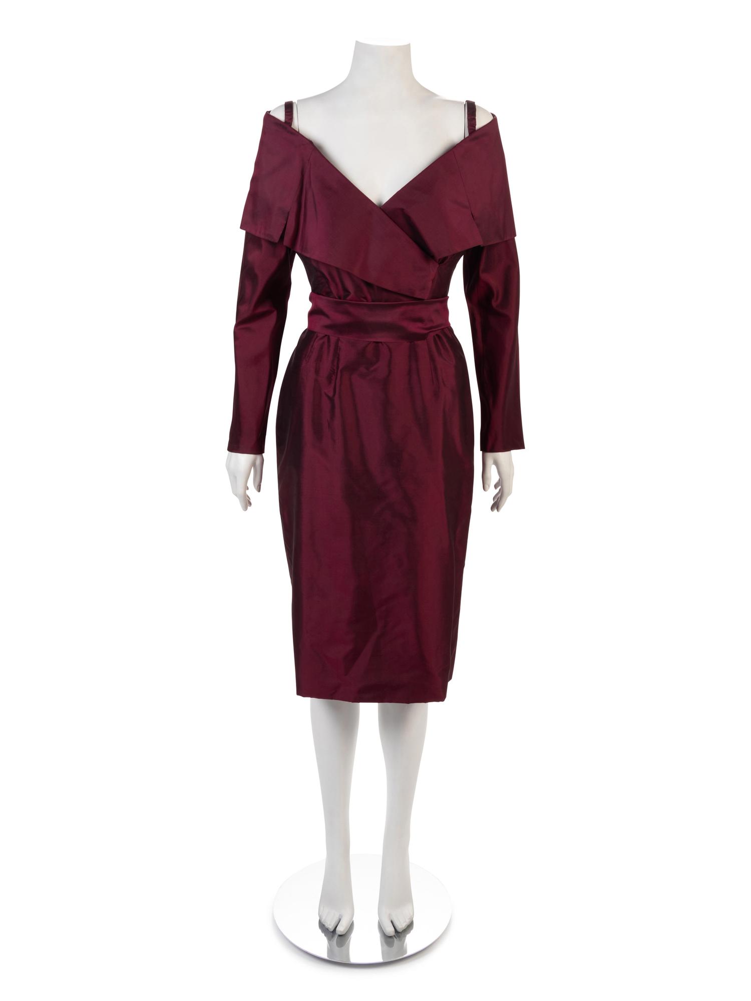 Two Catherine Regehr Burgundy Satin Evening Dresses and One Badgley Mishka Dress