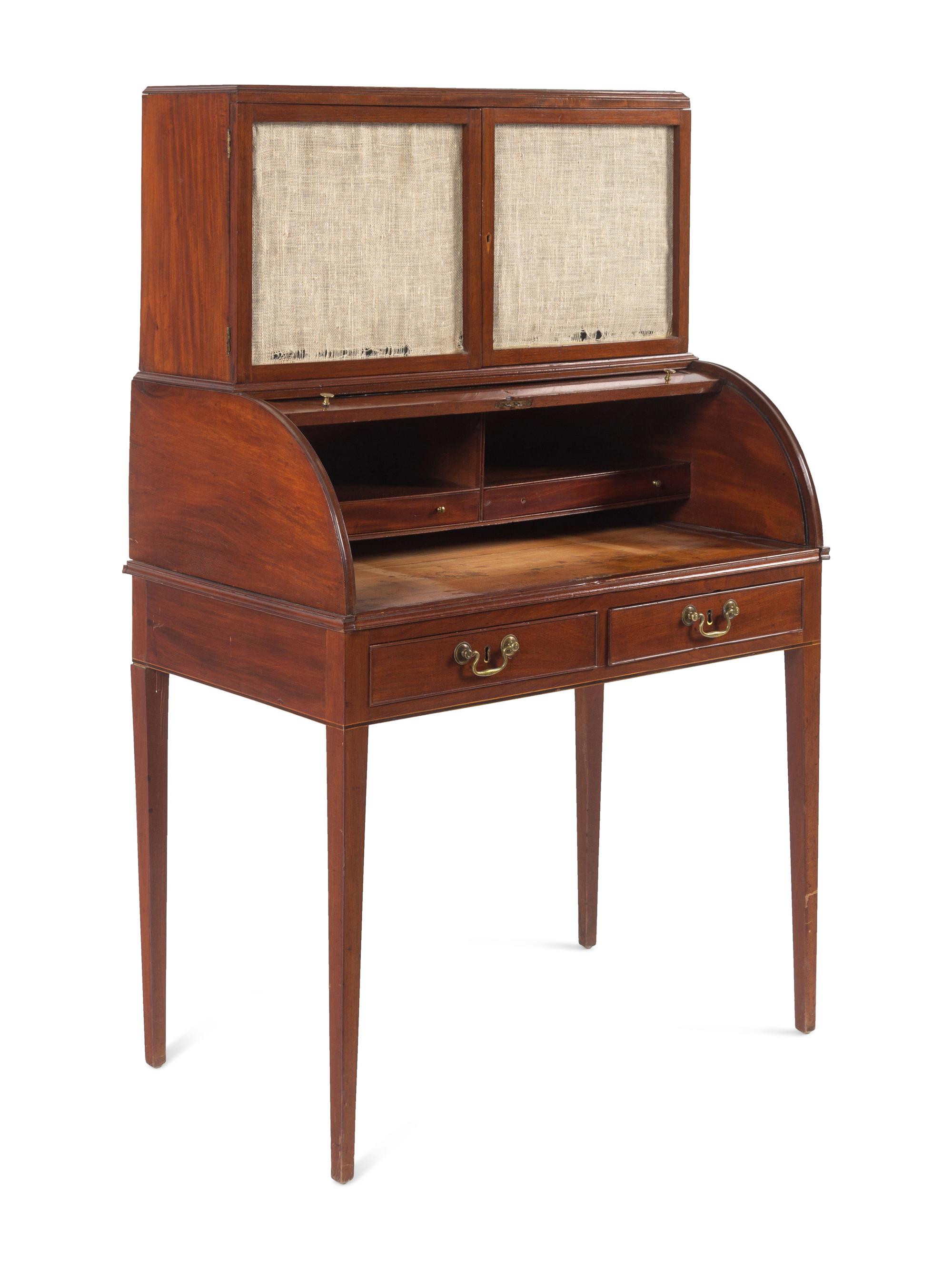 A George III Style Mahogany Marble-Inset Cylinder-Top Bureau