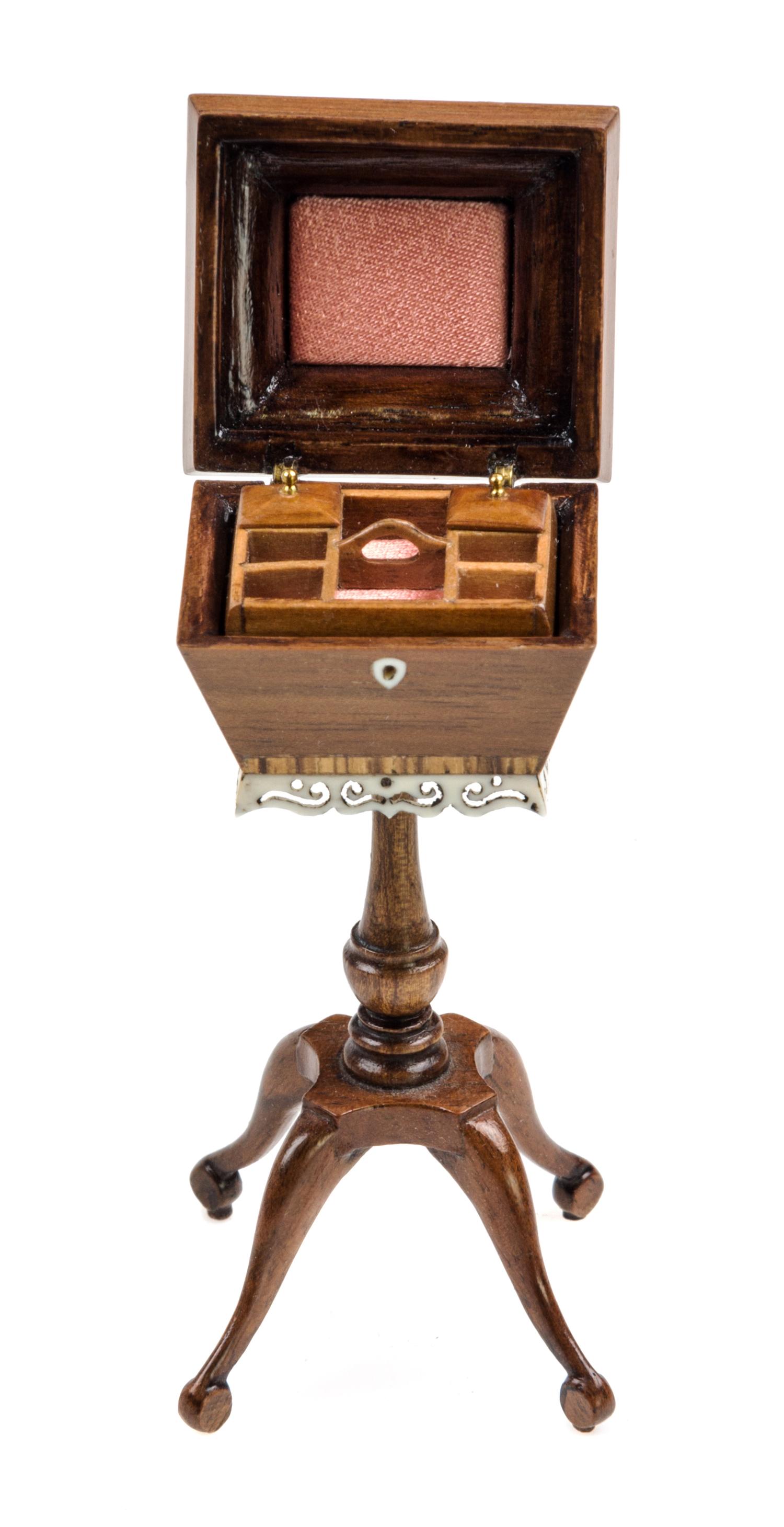 A Victorian Style Marquetry and Mahogany Work Box on Stand Height 3 inches. — John Davenport, 1986