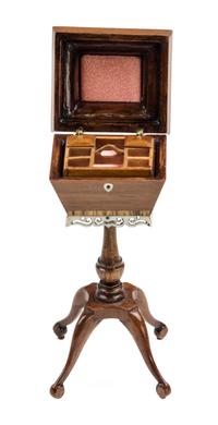 A Victorian Style Marquetry and Mahogany Work Box on Stand Height 3 inches. — John Davenport, 1986