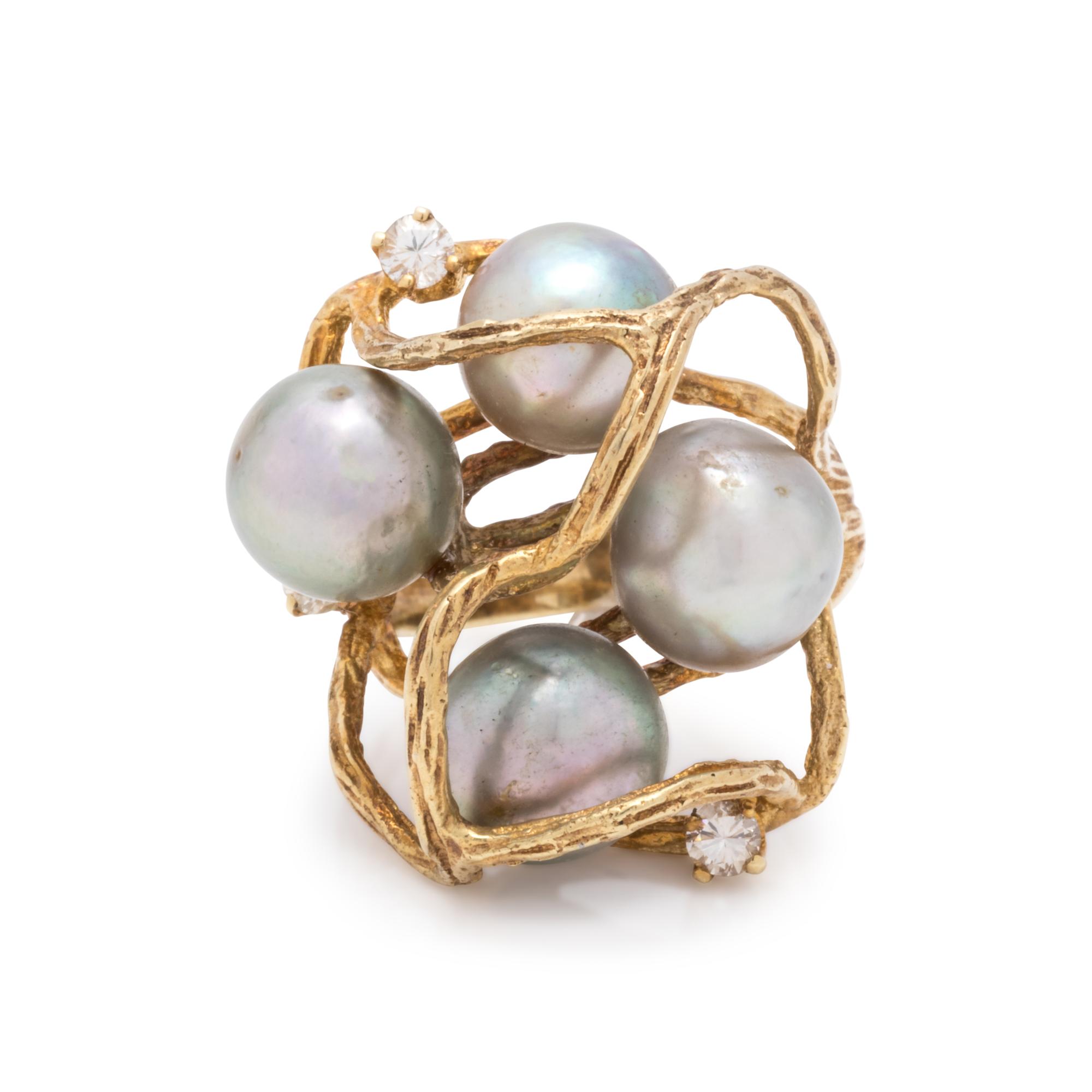 BRUTALIST, CULTURED PEARL AND DIAMOND RING