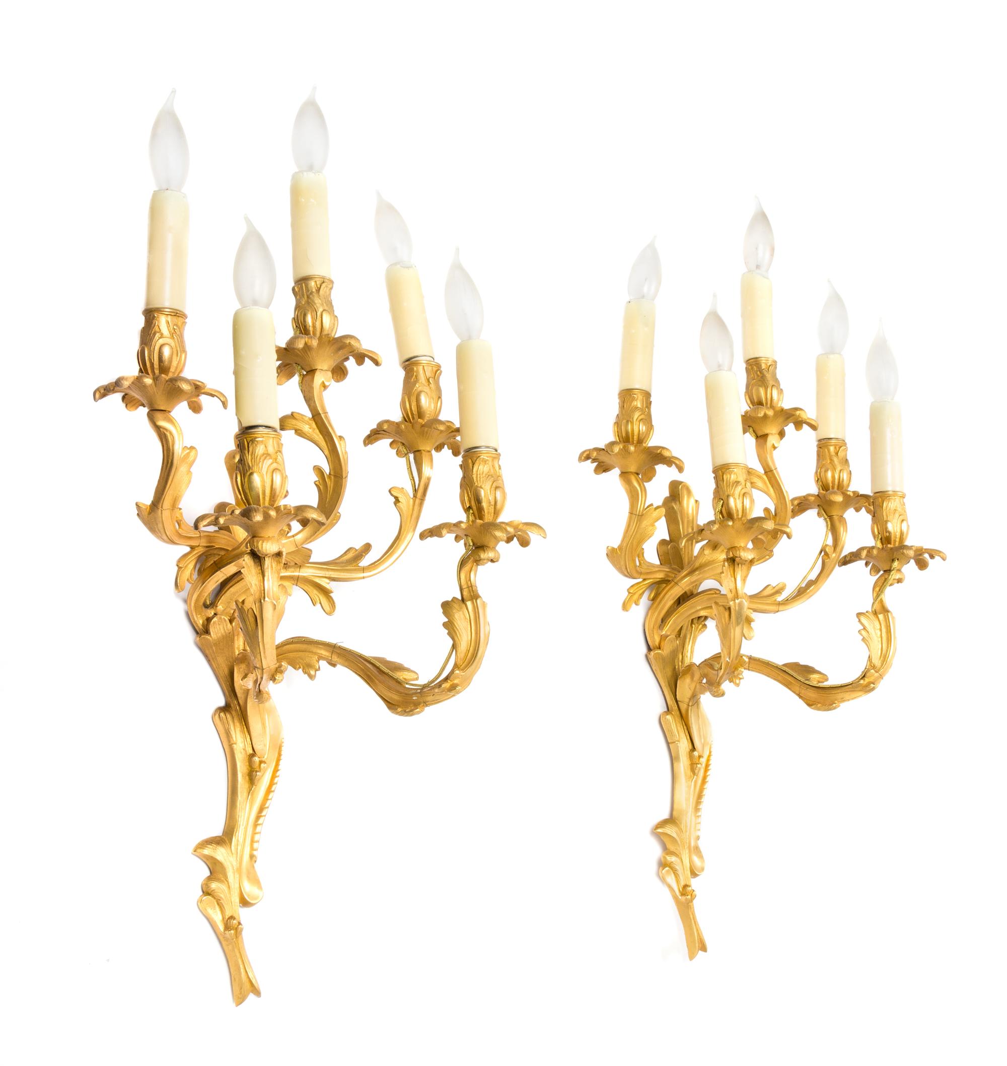 A Pair of Louis XV Style Gilt Bronze Five-Light Sconces Height 20 inches. — 19TH CENTURY