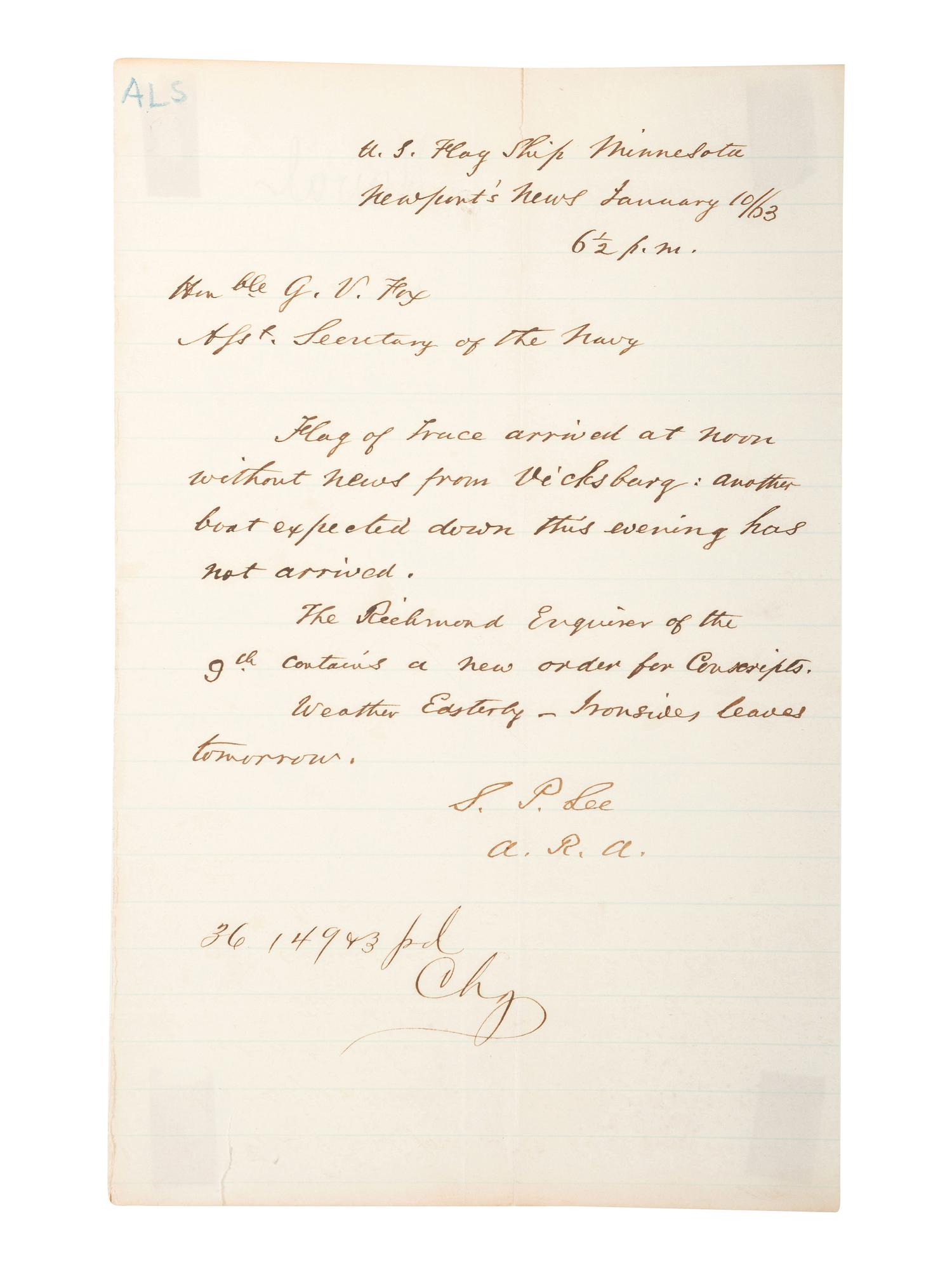 [CIVIL WAR - US NAVY]. LEE, Samuel Phillips (1812-1897). A group of 7 documents related to Rear Admiral Samuel P. Lee, incl. Vicksburg content and preparations for the Battle of Nashville.