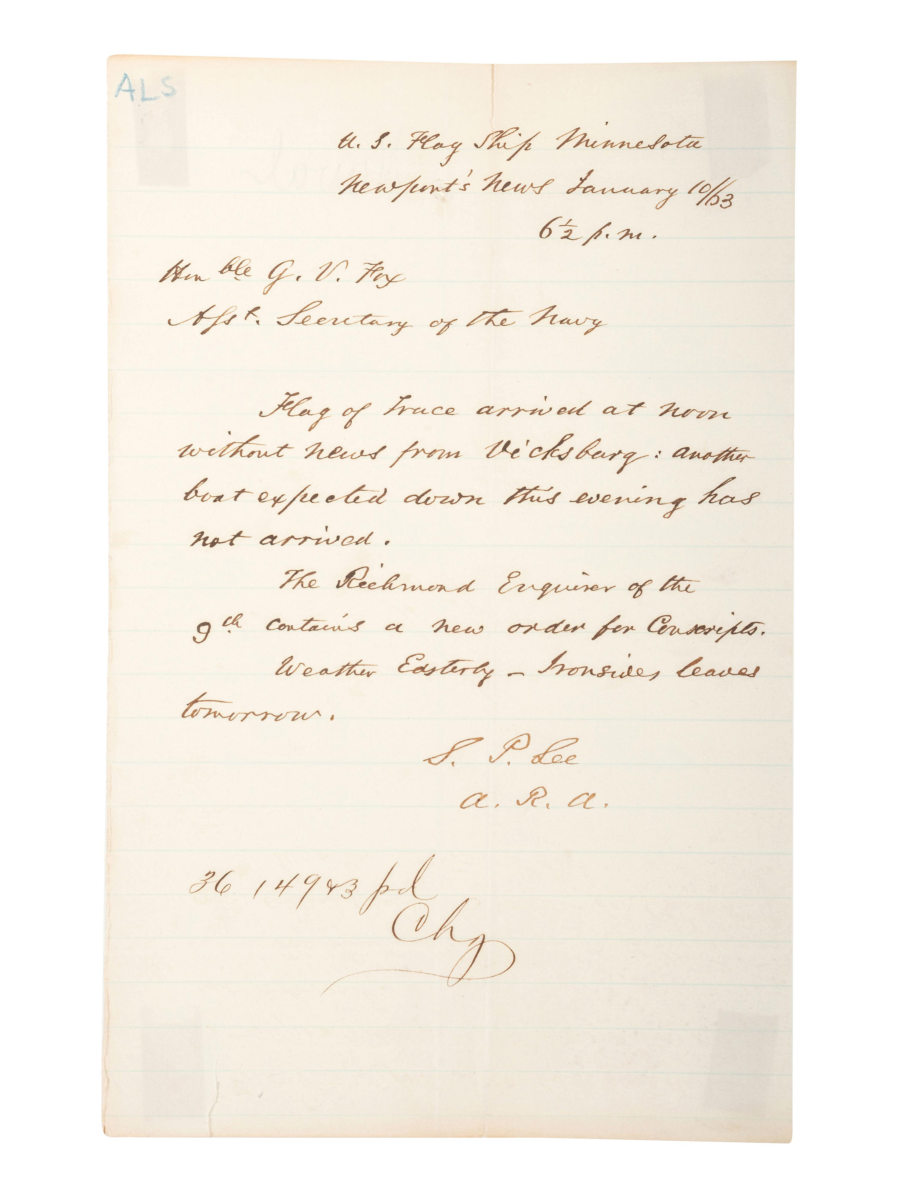 [CIVIL WAR - US NAVY]. LEE, Samuel Phillips (1812-1897). A group of 7 documents related to Rear Admiral Samuel P. Lee, incl. Vicksburg content and preparations for the Battle of Nashville.
