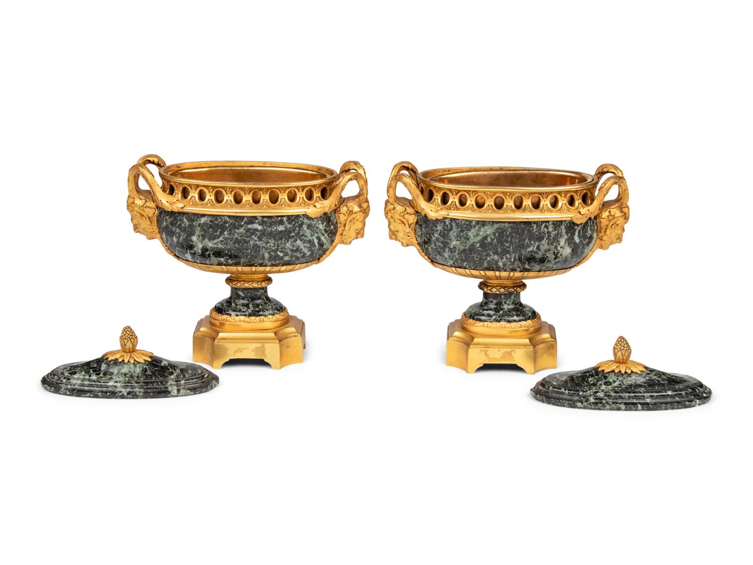 A Pair of Louis XVI Style Gilt Bronze Mounted Verde Antico Marble Vases Navettes