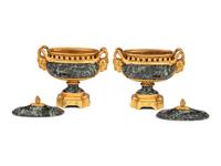 A Pair of Louis XVI Style Gilt Bronze Mounted Verde Antico Marble Vases Navettes