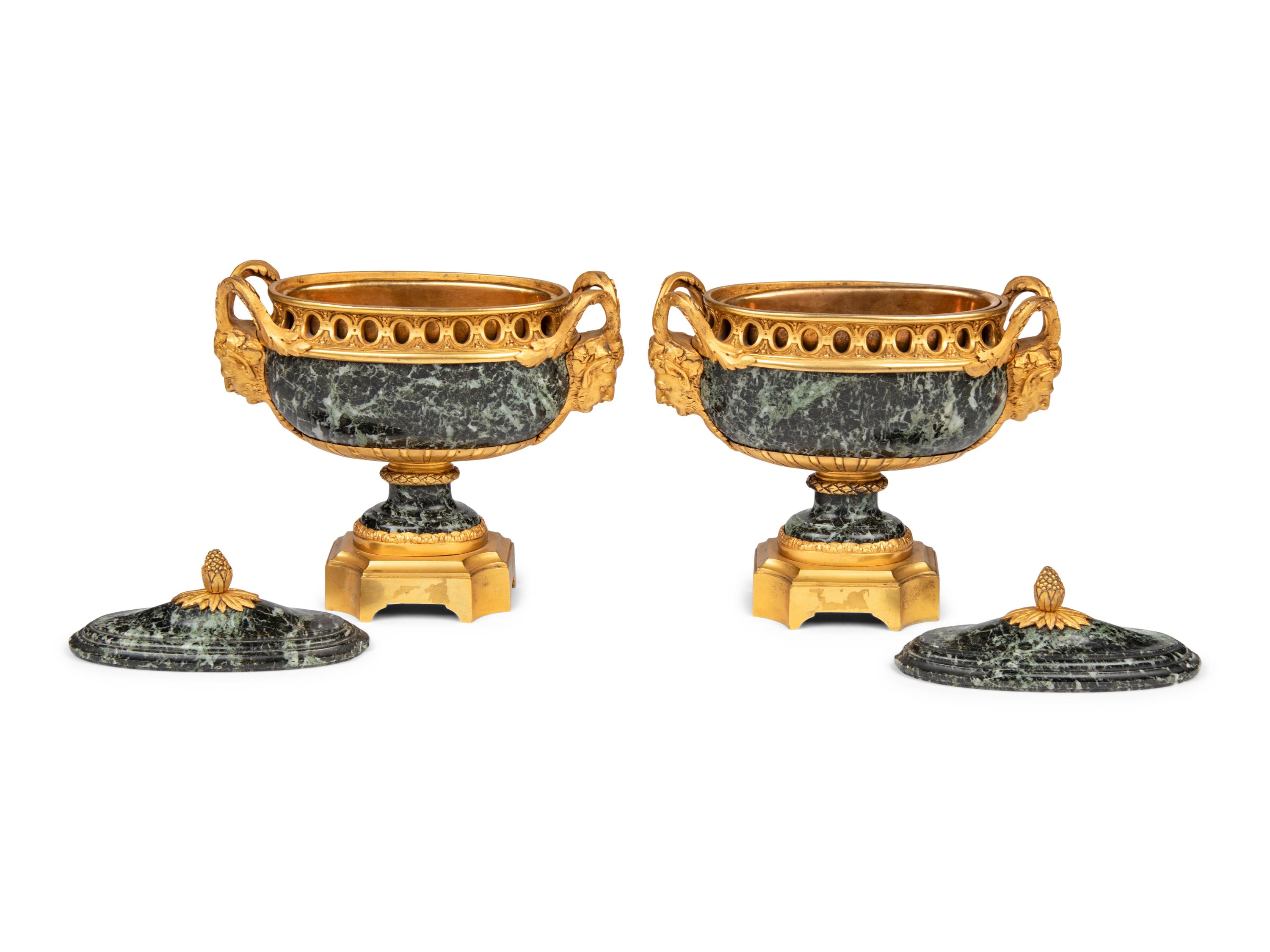 A Pair of Louis XVI Style Gilt Bronze Mounted Verde Antico Marble Vases Navettes