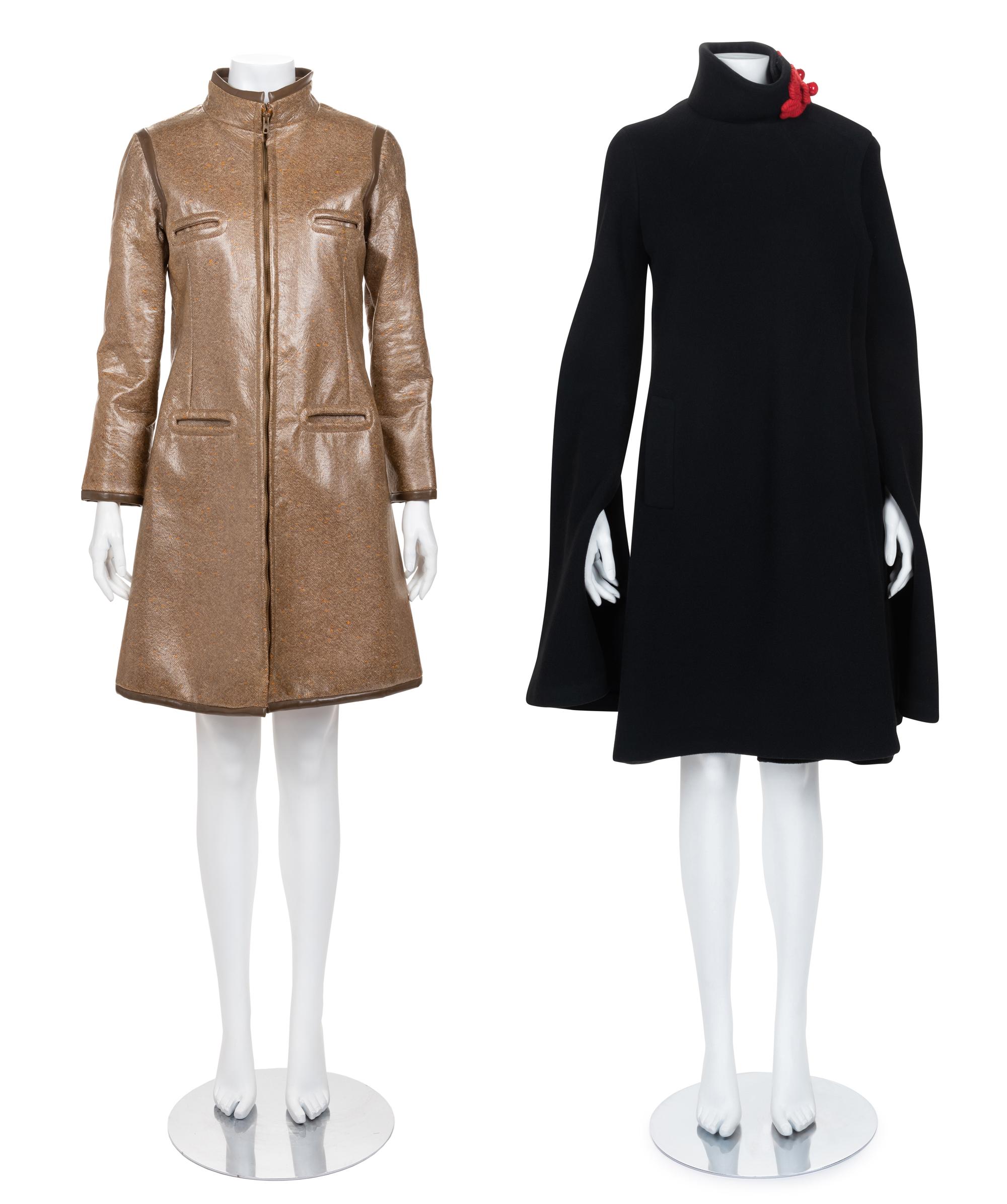 Two Pierre Cardin Coats: One Black, One Brown Vinyl Coated Tweed, 1960-70s