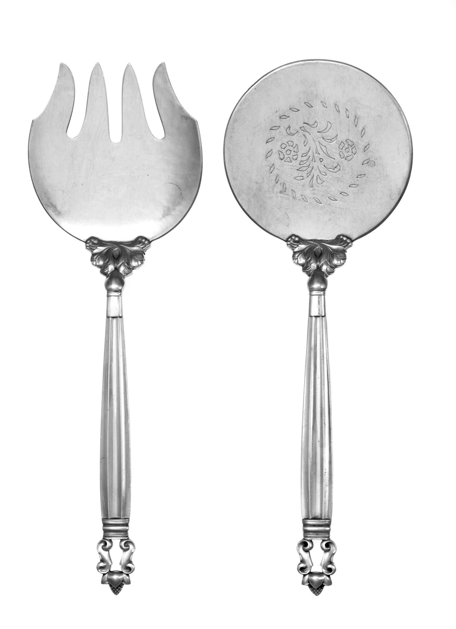 A Danish Silver Salad Serving Set, Georg Jensen, Copenhagen, 20th Century, in the Acorn pattern.