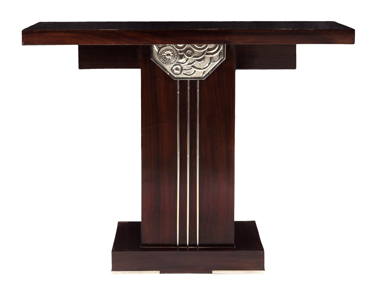 An Art Deco Mahogany and Metal Console Table Height 33 x width 43 x depth 15 inches