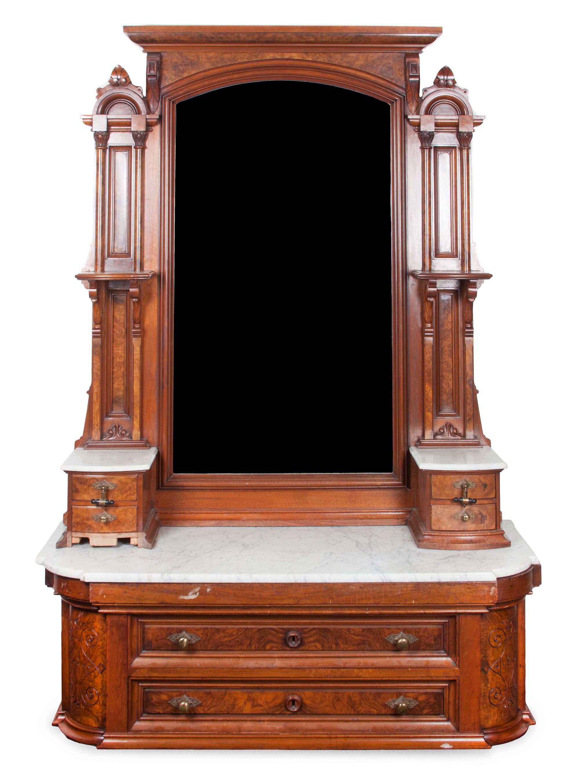 A Victorian Burlwood Chest of Drawers Height 86 x width 55 x depth 23 inches.