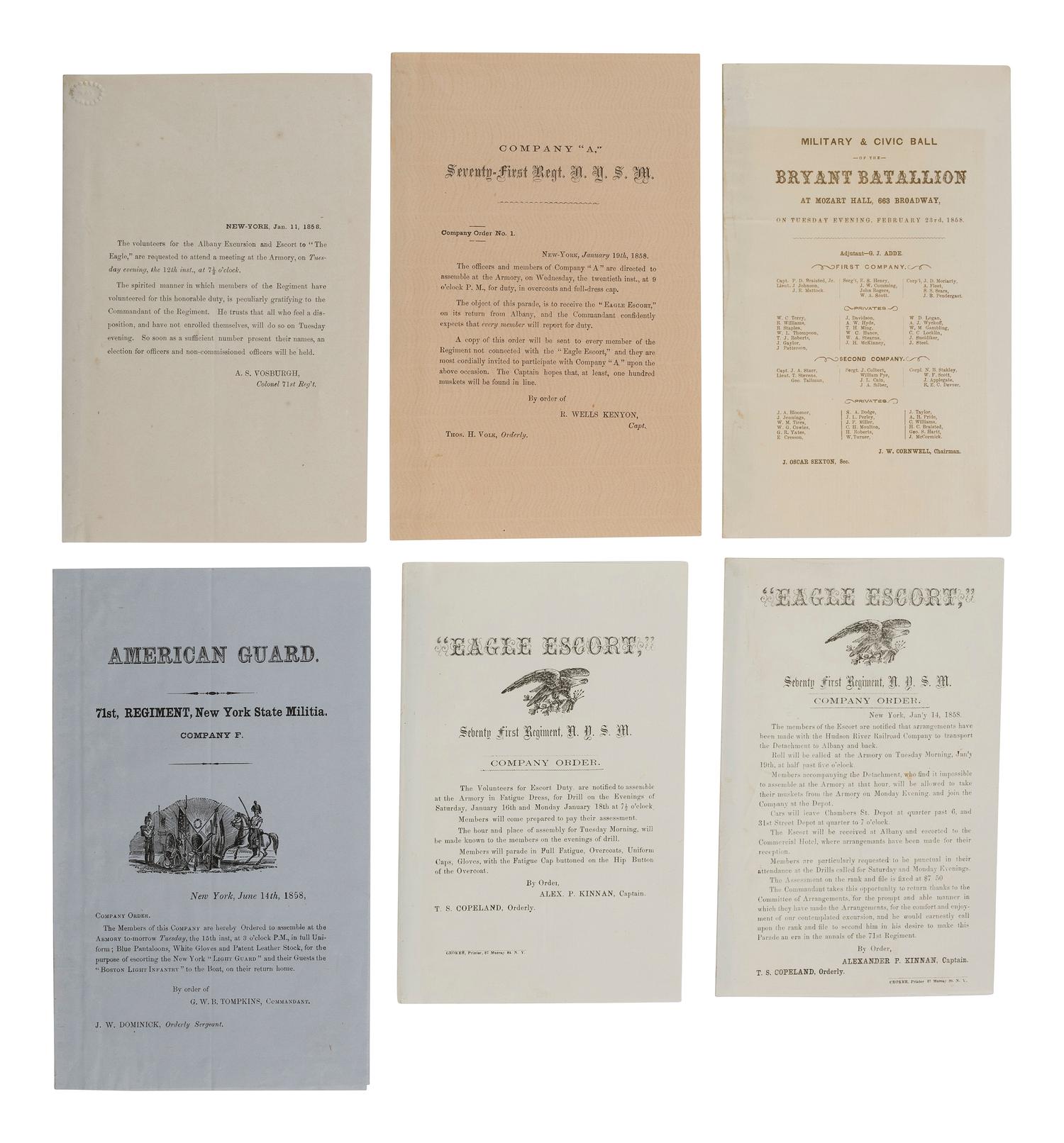 [ANTEBELLUM PERIOD]. Archive of 25 documents and imprints related to the 71st Infantry Regiment, New York State Militia, or "American Guard." Ca 1854-1858.