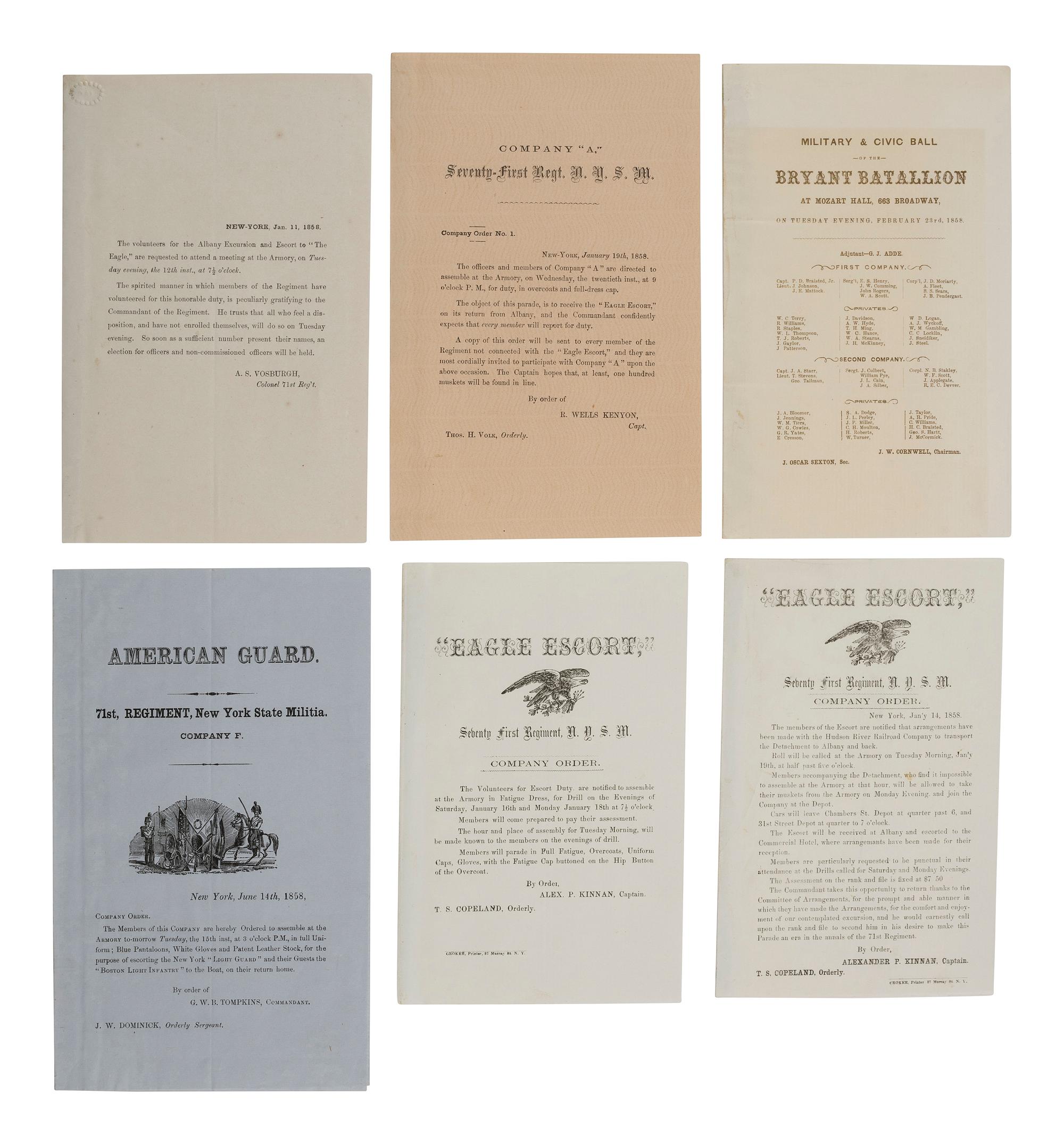 [ANTEBELLUM PERIOD]. Archive of 25 documents and imprints related to the 71st Infantry Regiment, New York State Militia, or "American Guard." Ca 1854-1858.