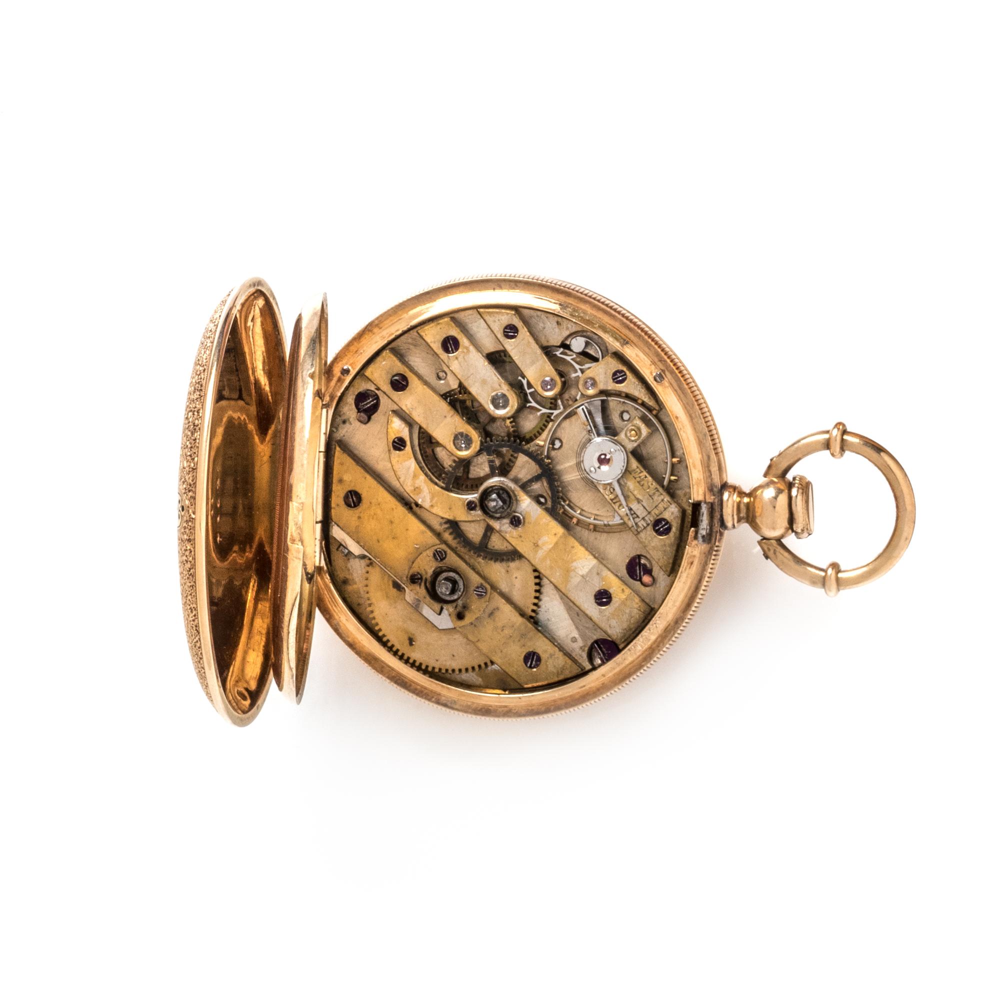 GILT-METAL, ENAMEL AND DIAMOND HUNTER CASE POCKET WATCH