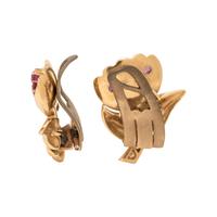 RETRO, YELLOW GOLD, DIAMOND AND RUBY FLORAL EARCLIPS