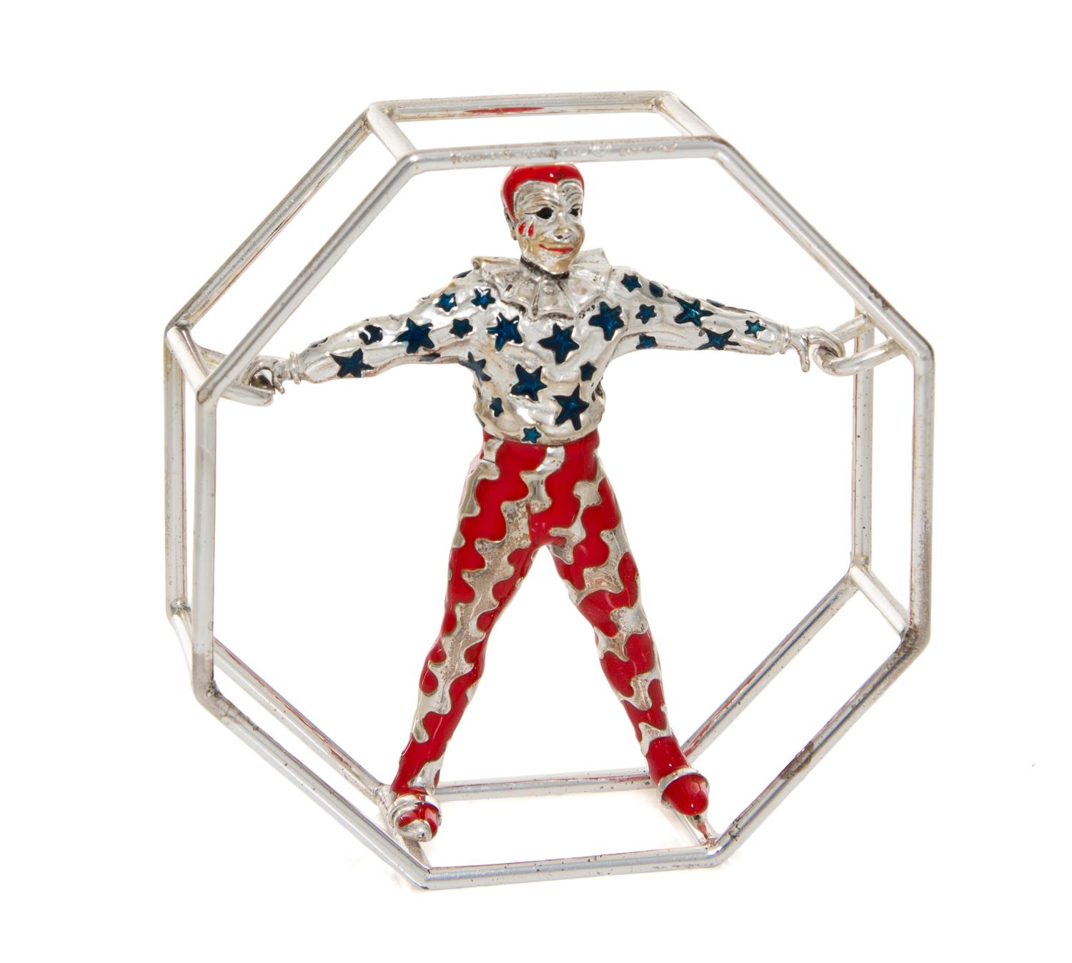 An American Silver and Enamel Circus Figure, Gene Moore for Tiffany & Co., New York, NY, depicting a clown in an octagonal acrobat's wh
