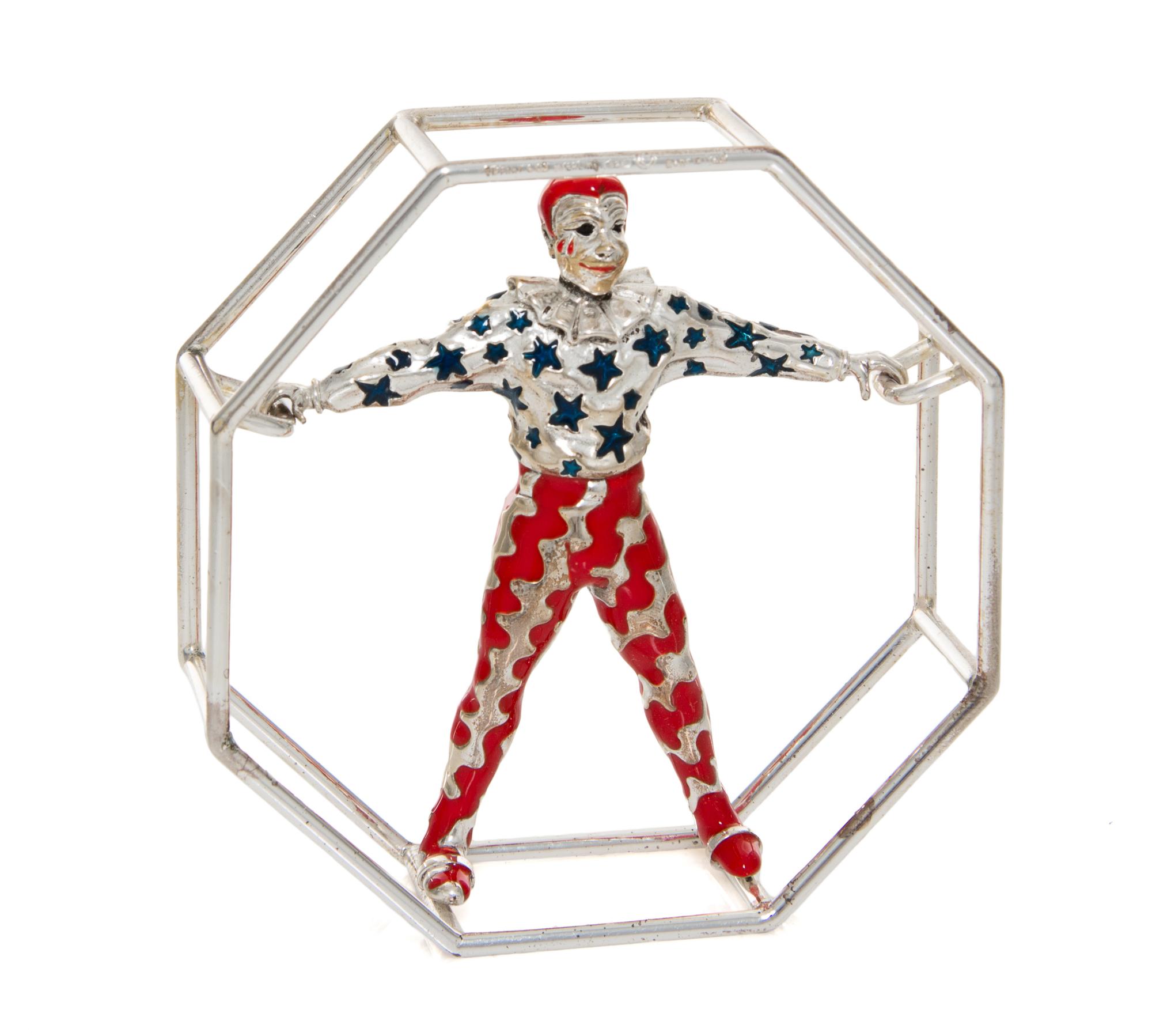 An American Silver and Enamel Circus Figure, Gene Moore for Tiffany & Co., New York, NY, depicting a clown in an octagonal acrobat's wh
